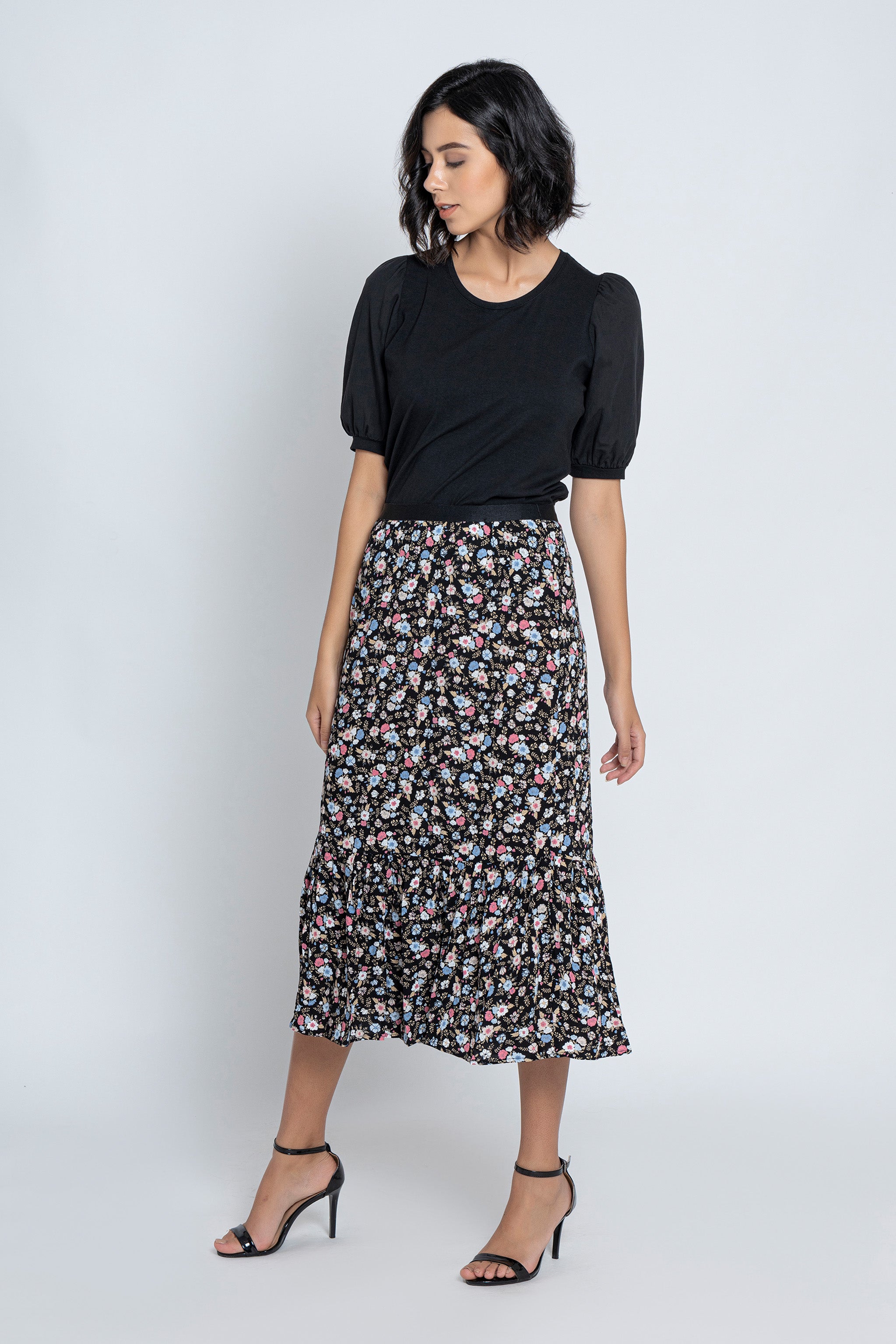 Black Floral Printed Skirt