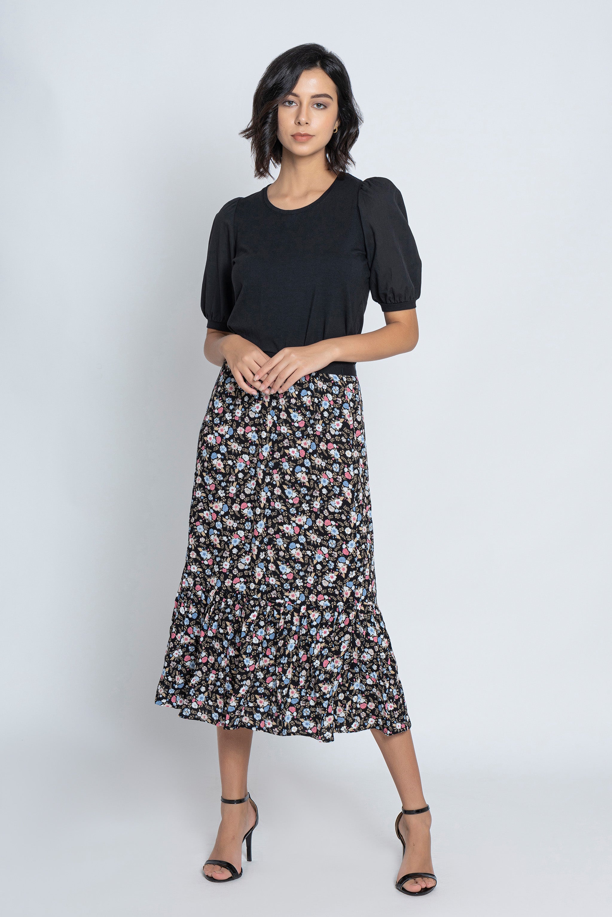 Black Floral Printed Skirt