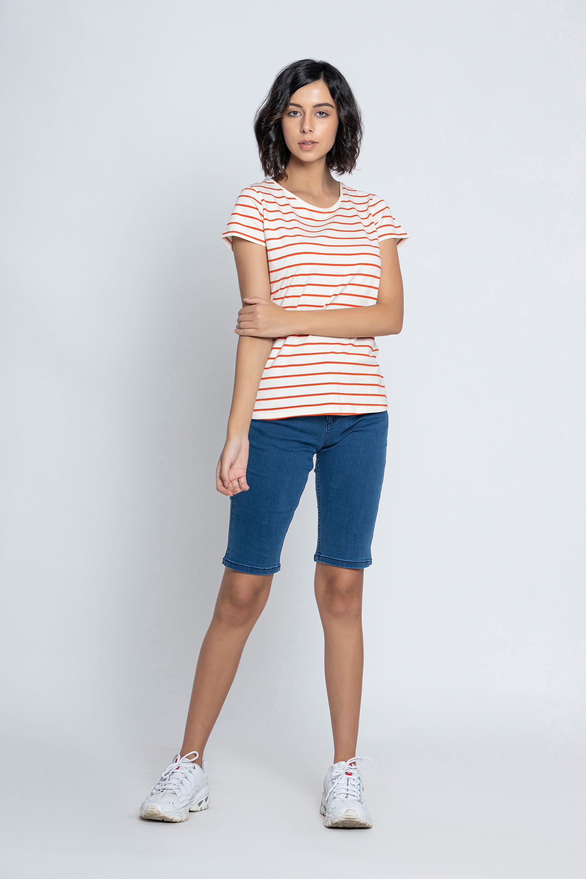 White with Red Stripes Short Sleeves T-Shirt