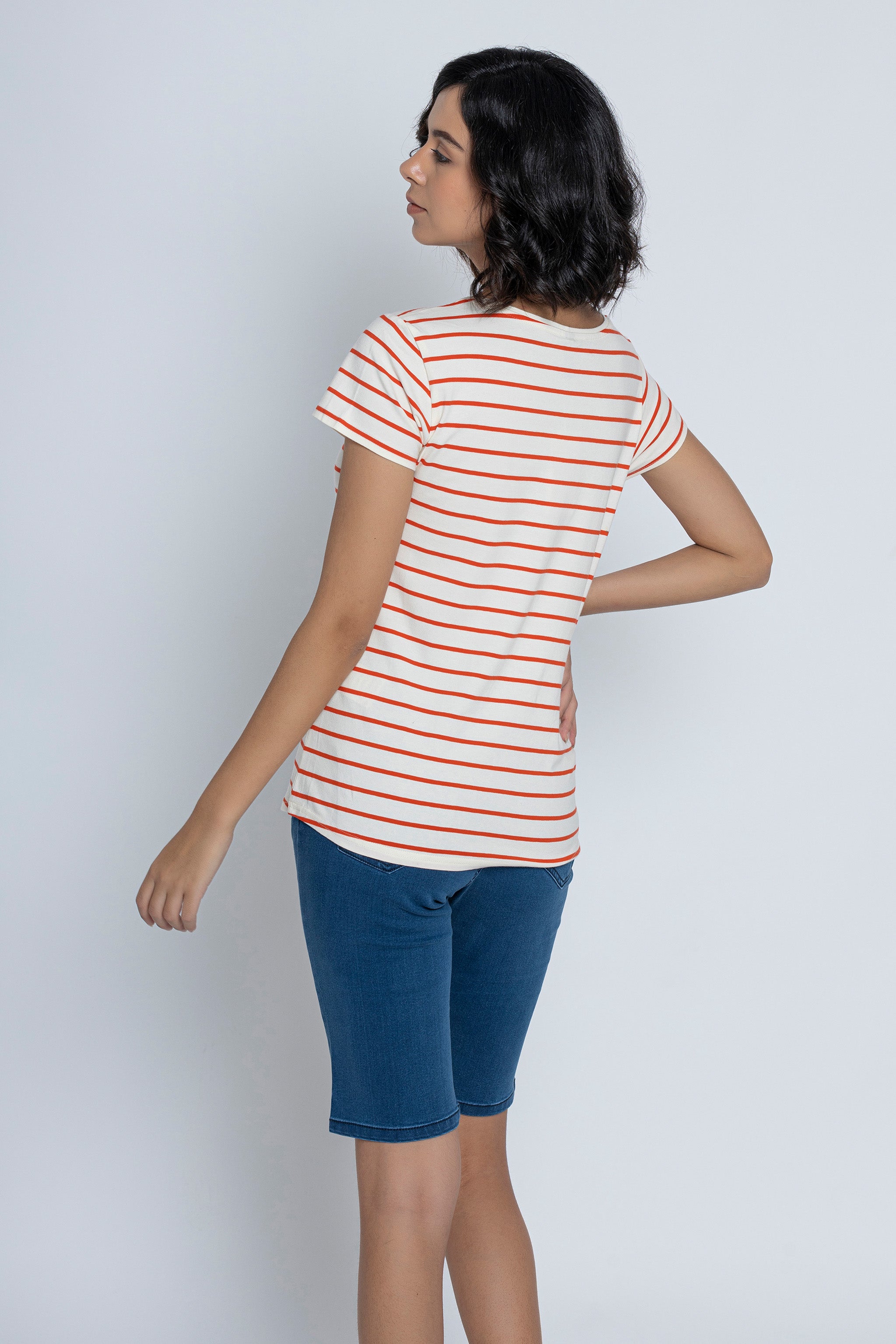 White with Red Stripes Short Sleeves T-Shirt