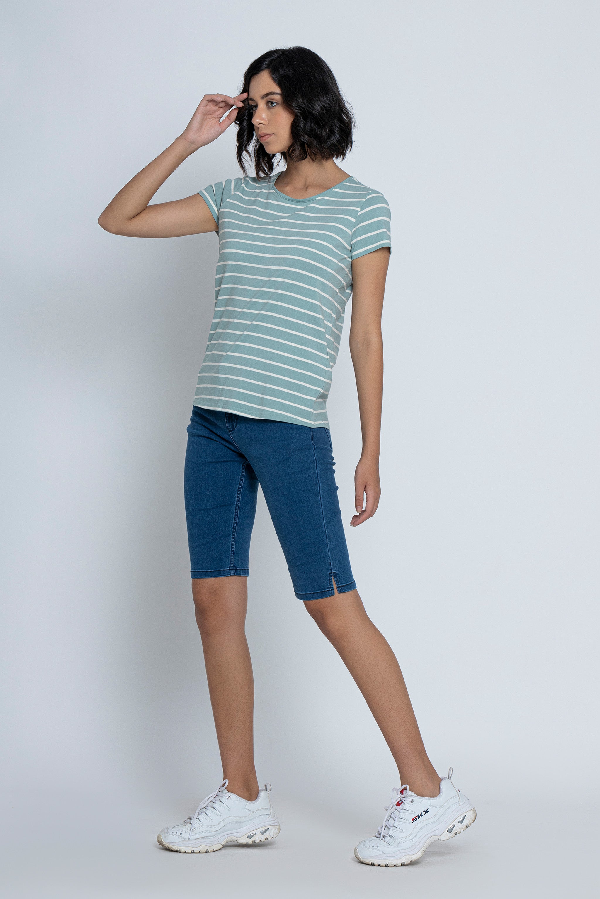 White with Sea Green Stripes Short Sleeves T-Shirt