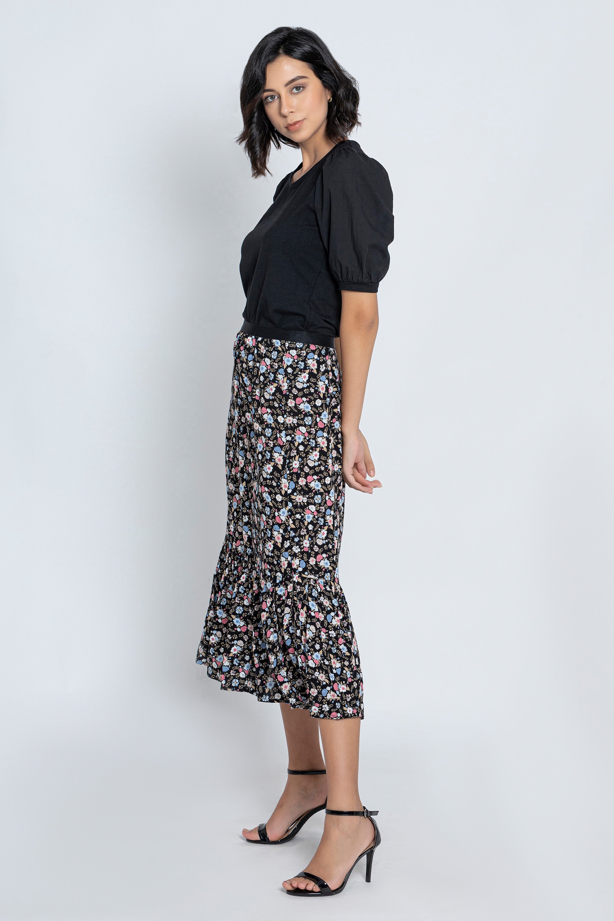 Black Floral Printed Skirt