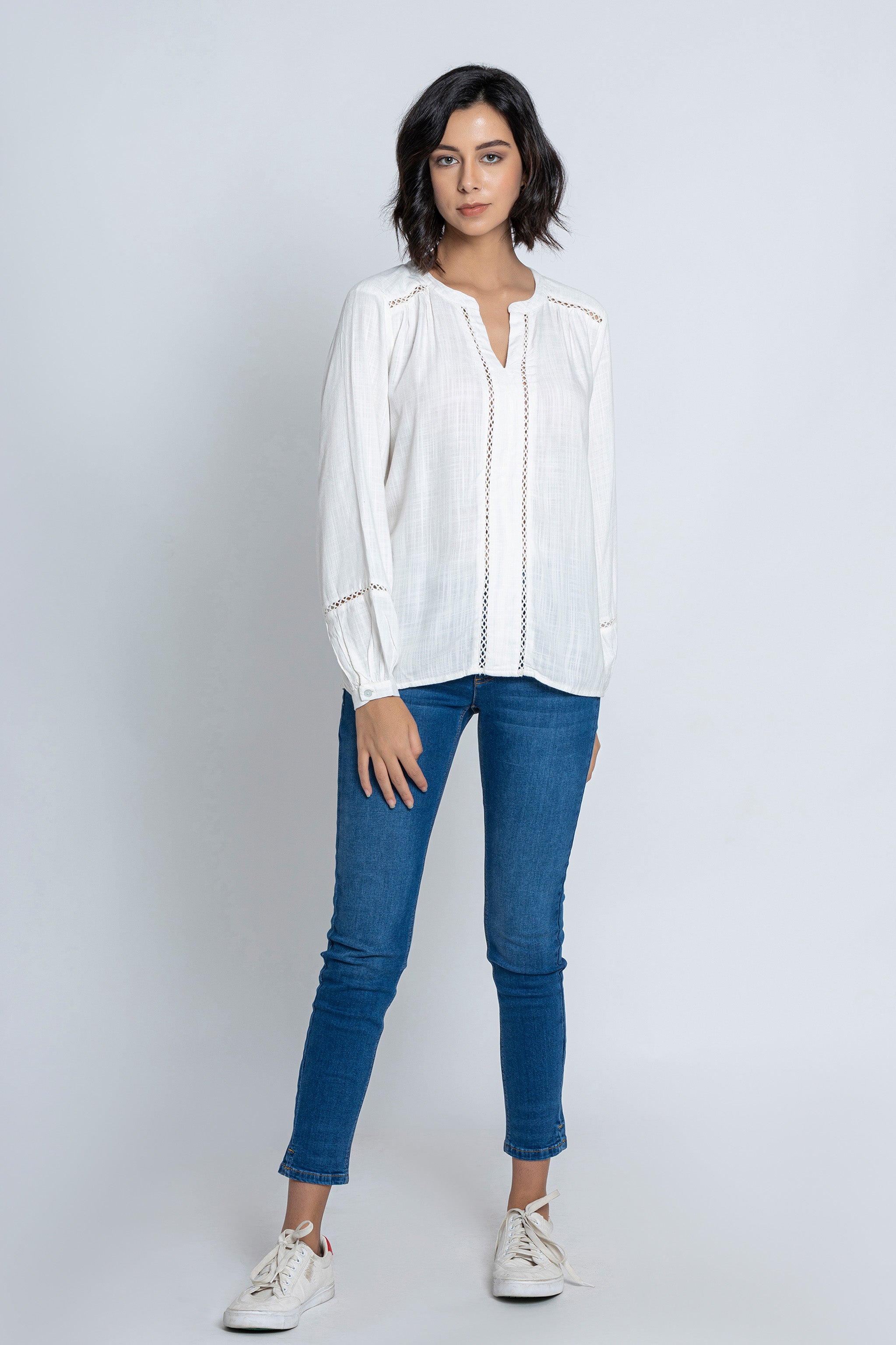 White V-Neck 3/4 Sleeves Blouse
