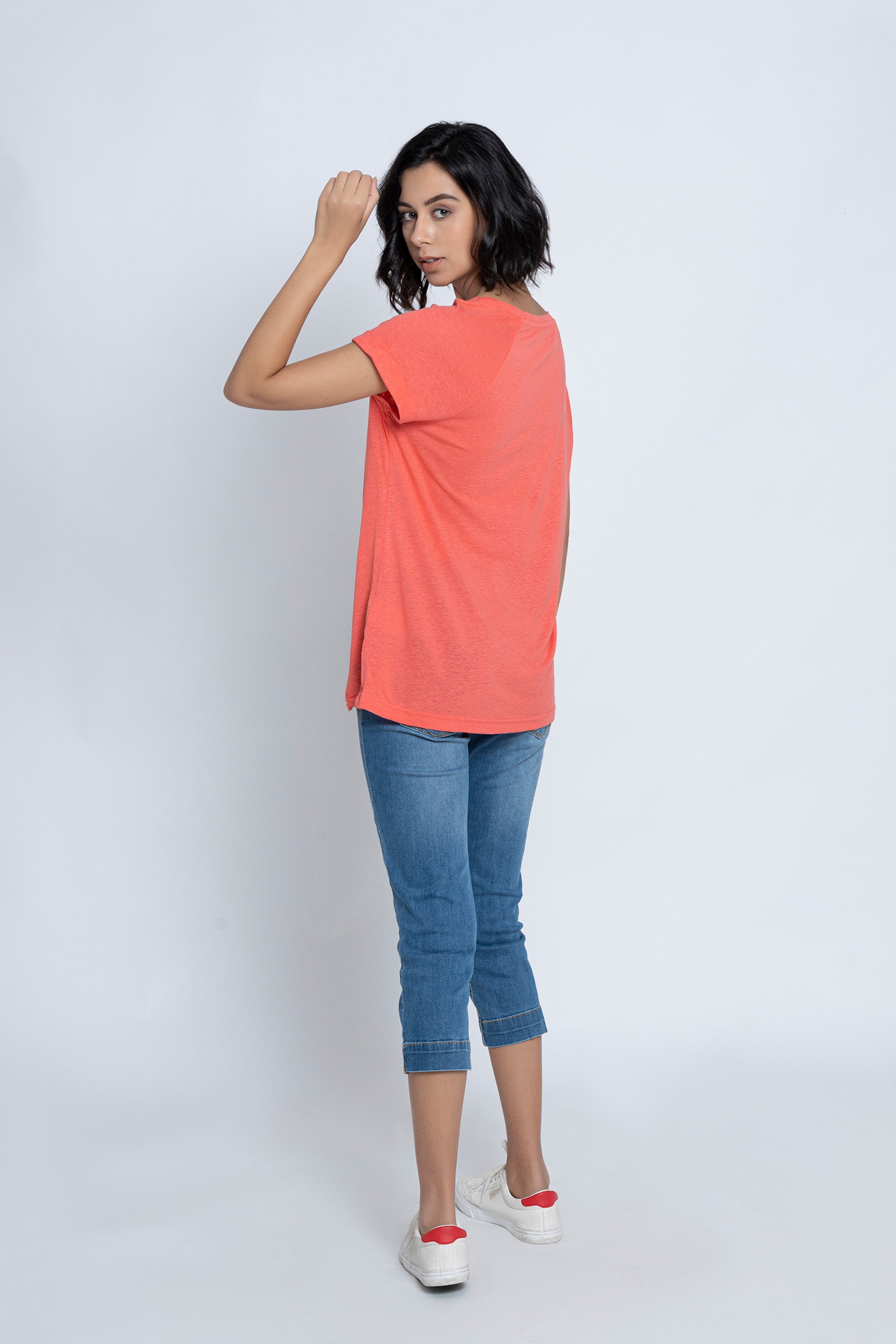 Coral Pink Half-Sleeves Tops