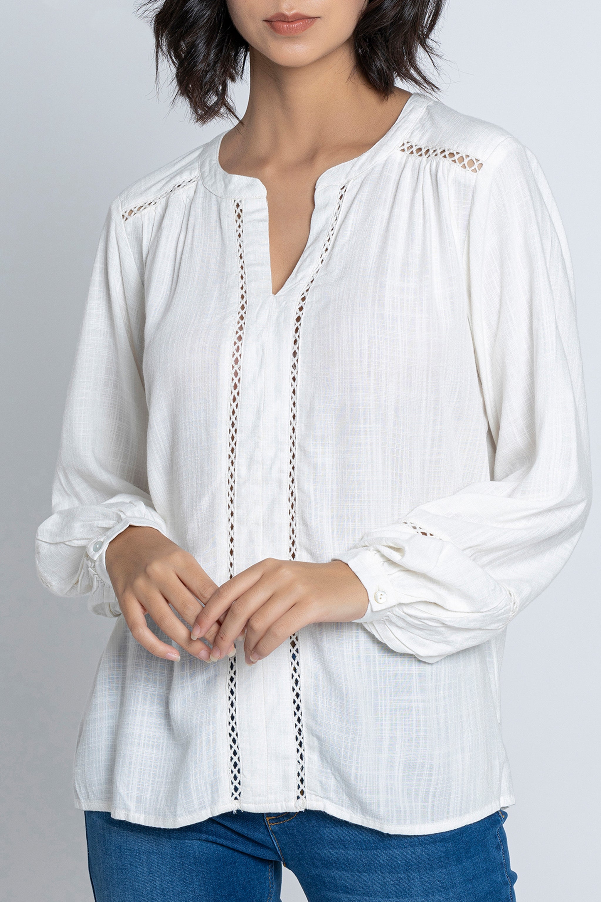 White V-Neck 3/4 Sleeves Blouse