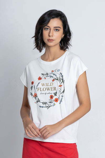 White "WILD FLOWER" Printed T-Shirt