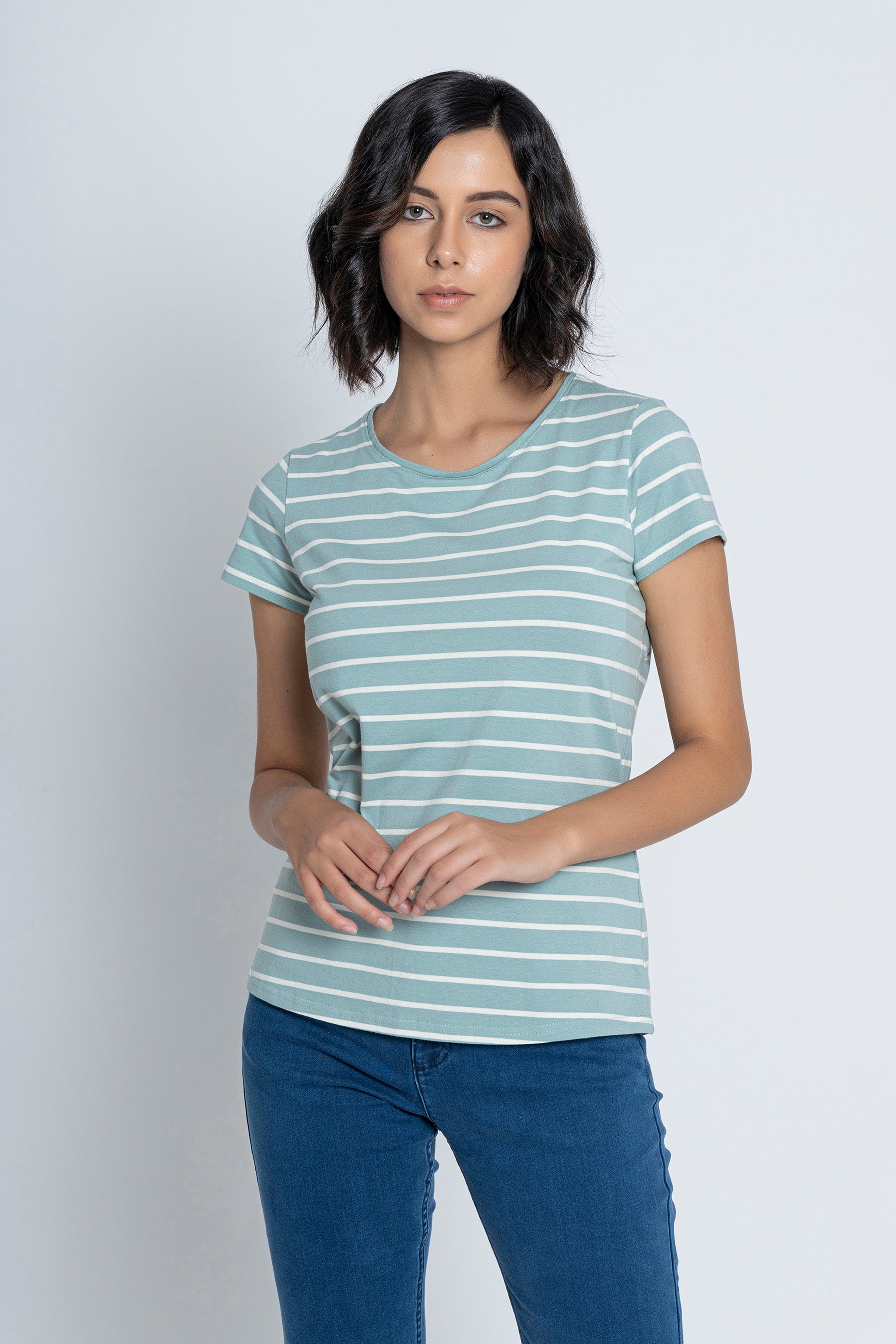 White with Sea Green Stripes Short Sleeves T-Shirt
