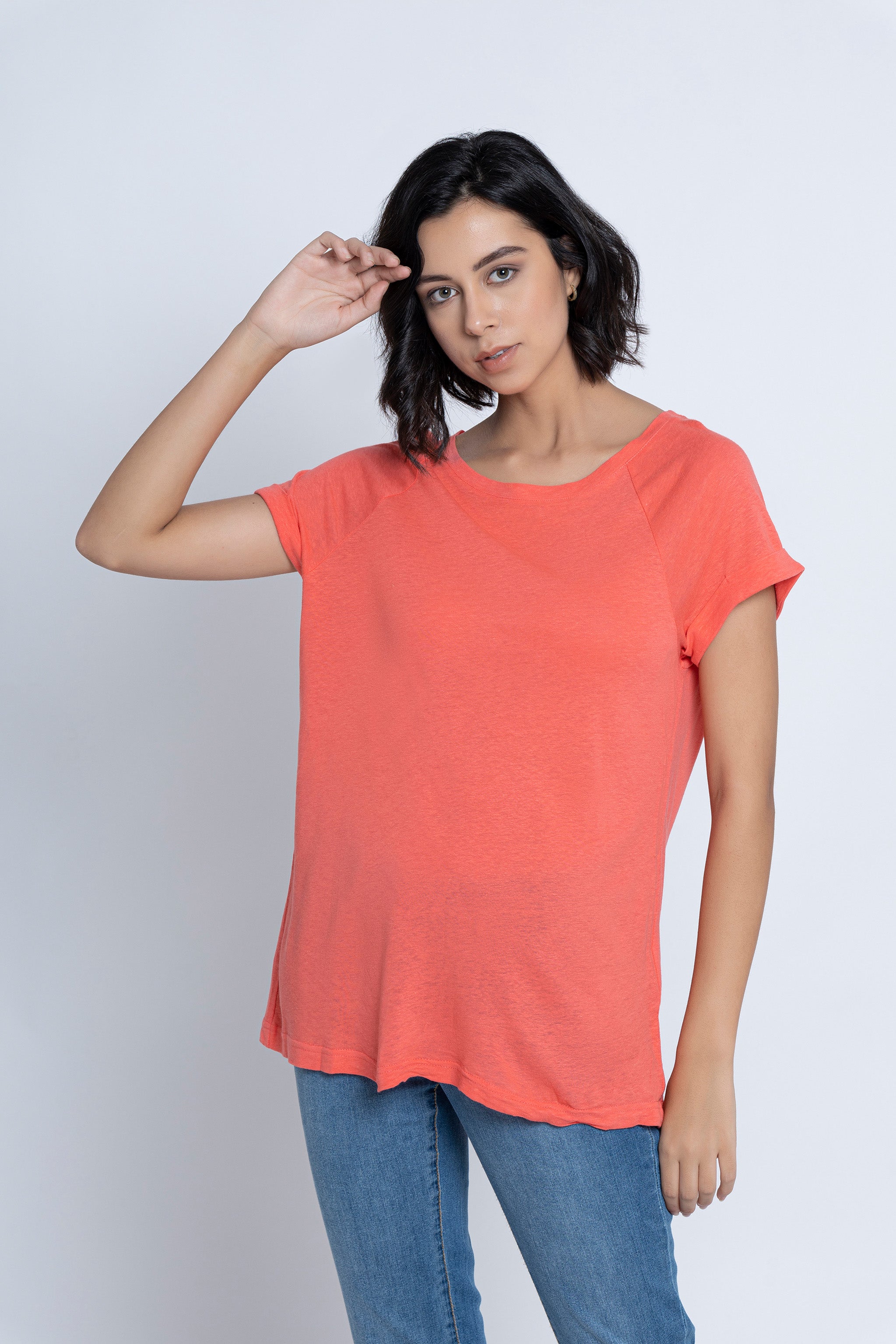 Coral Pink Half-Sleeves Tops