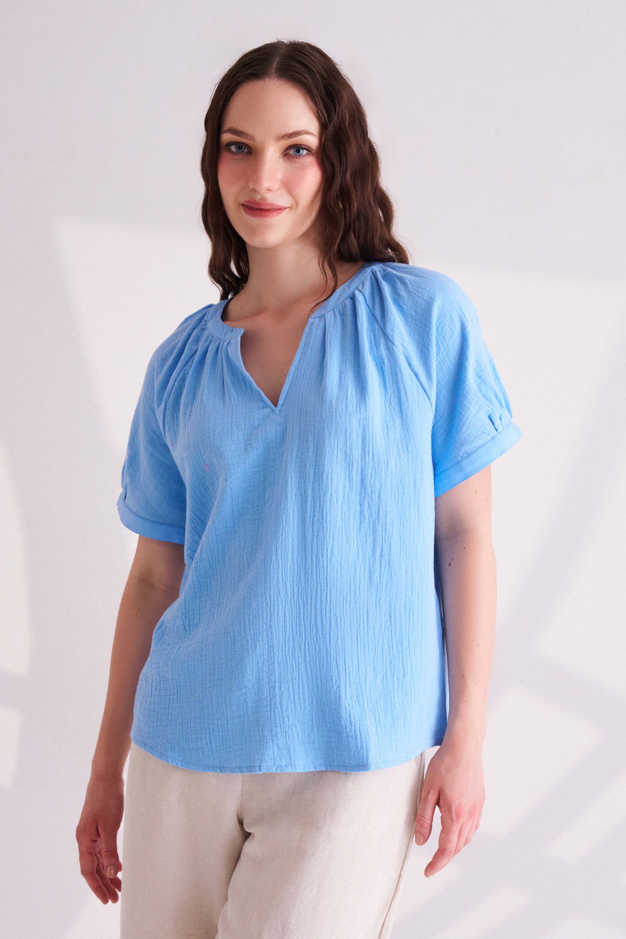 Blue Cotton Half Sleeves Top