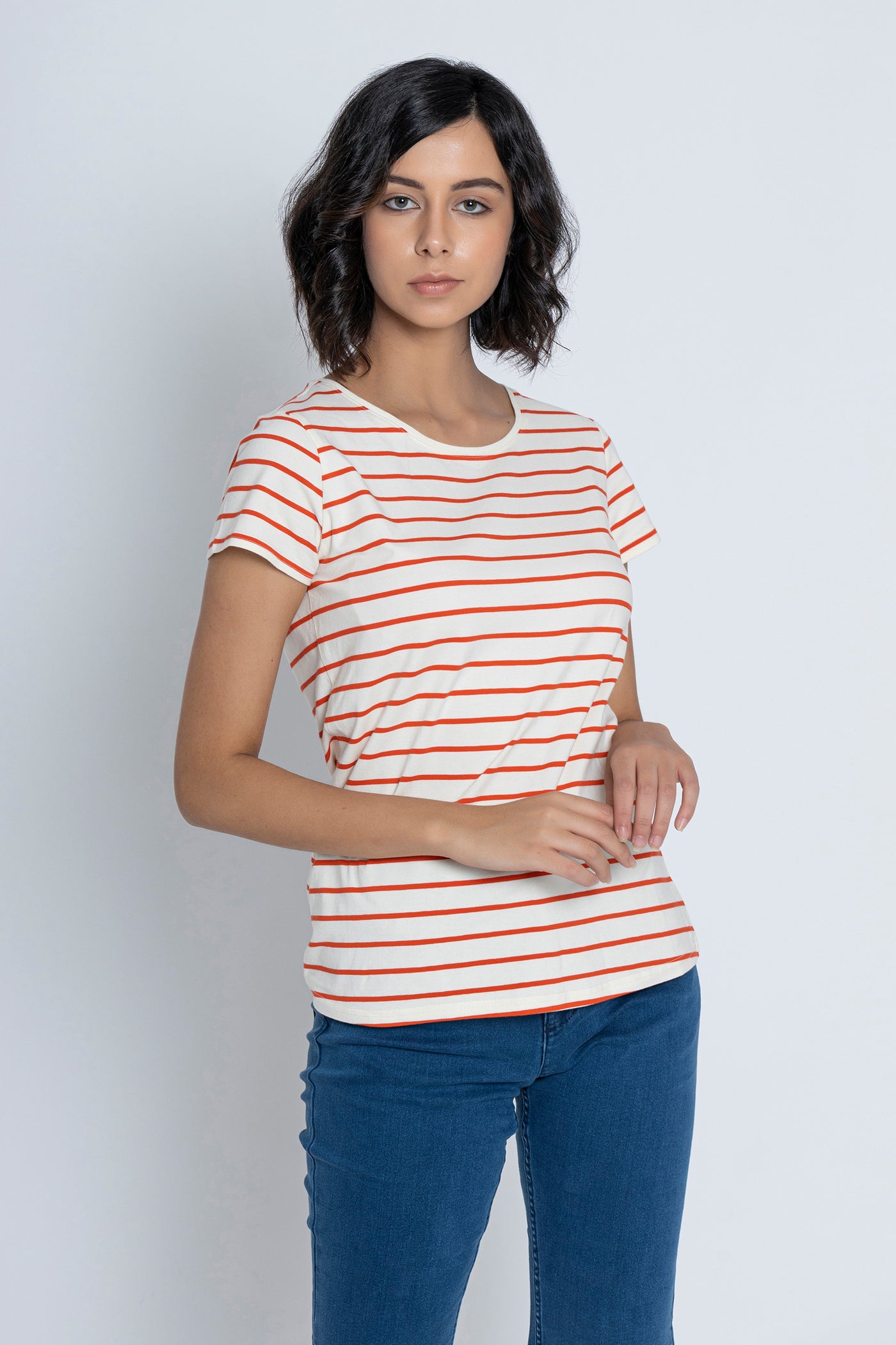 White with Red Stripes Short Sleeves T-Shirt