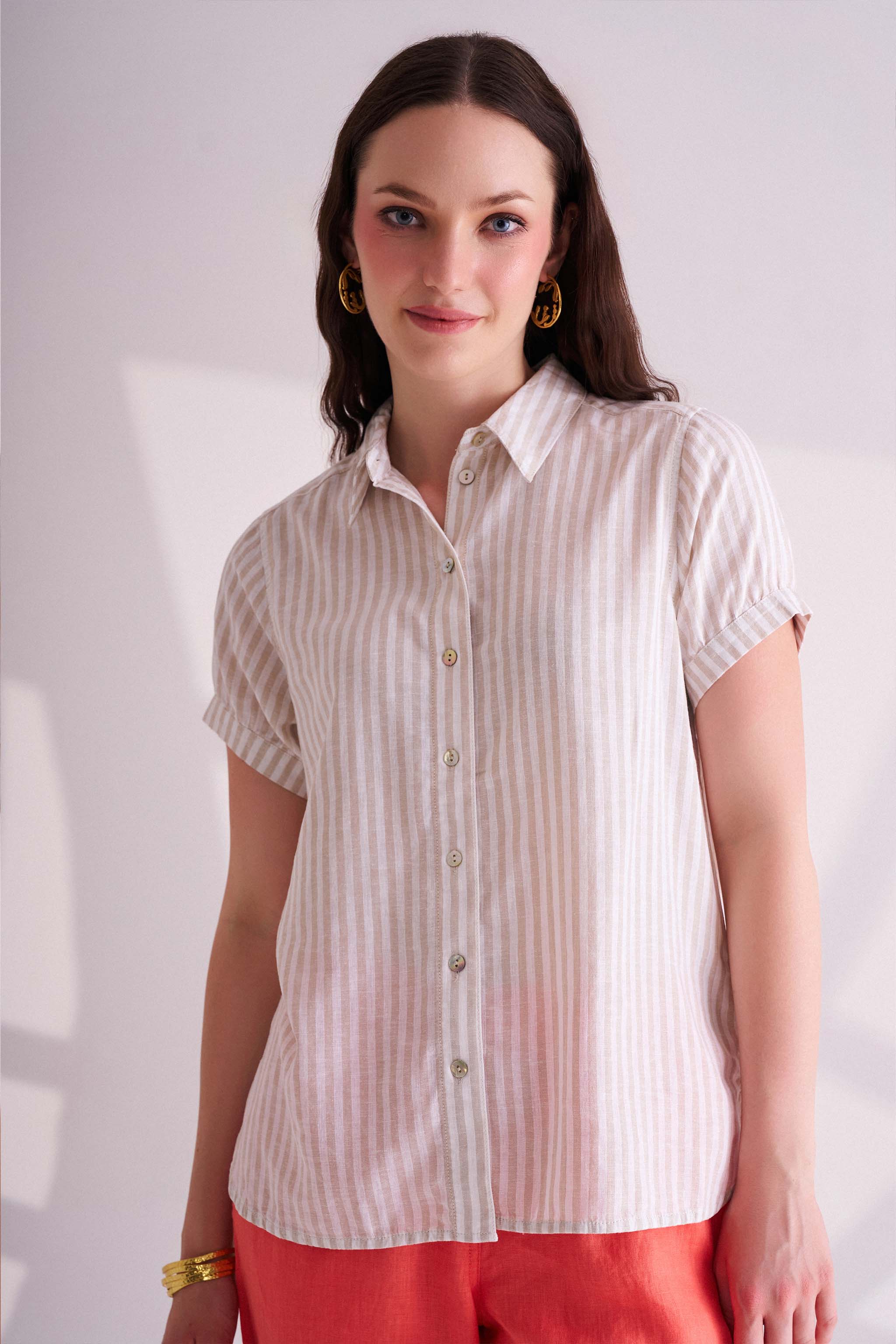 Beige Striped Linen Short Sleeves Shirt