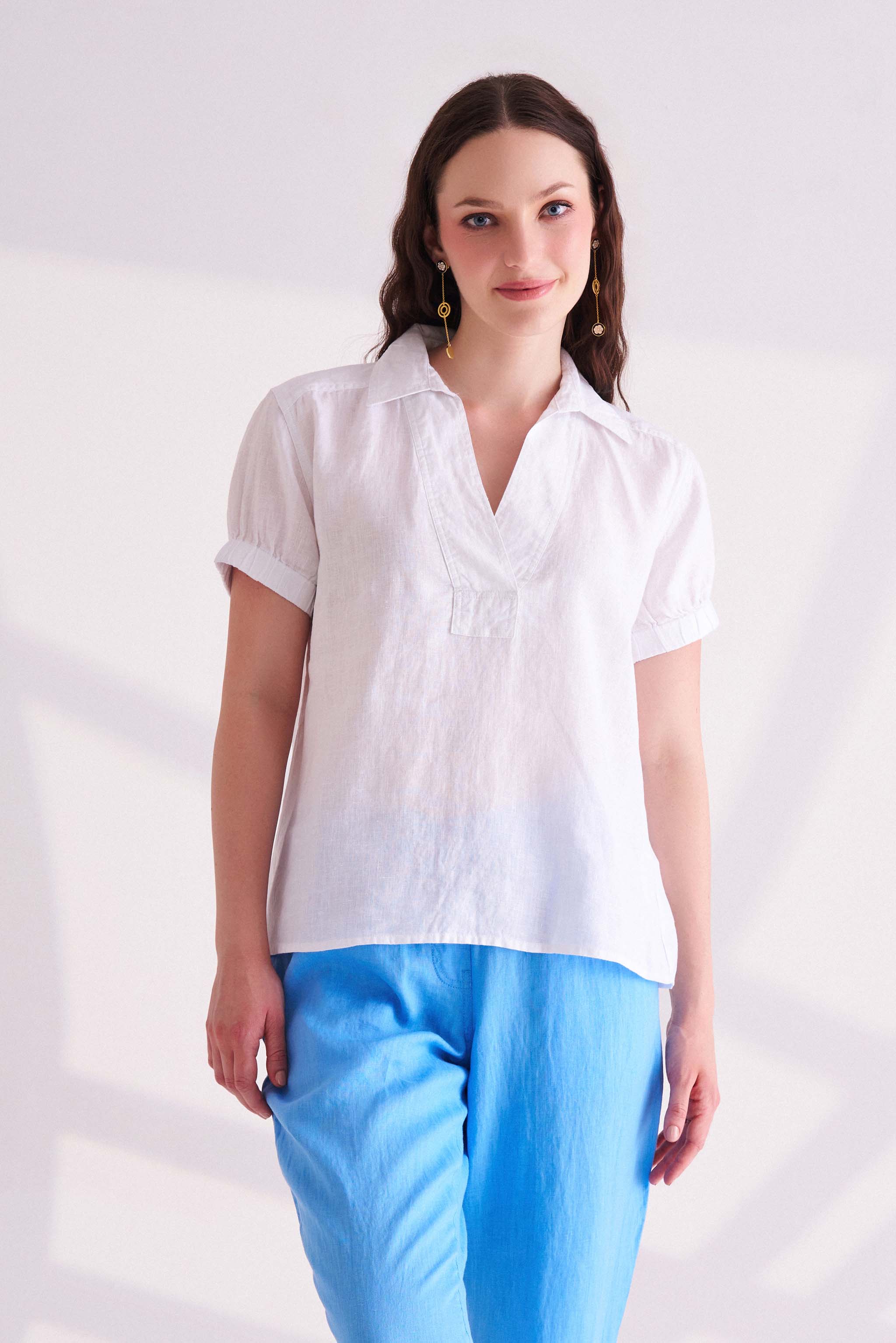 White Linen Collared Top