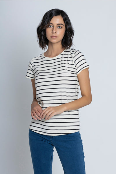 White with Black Stripes Short Sleeves T-Shirt