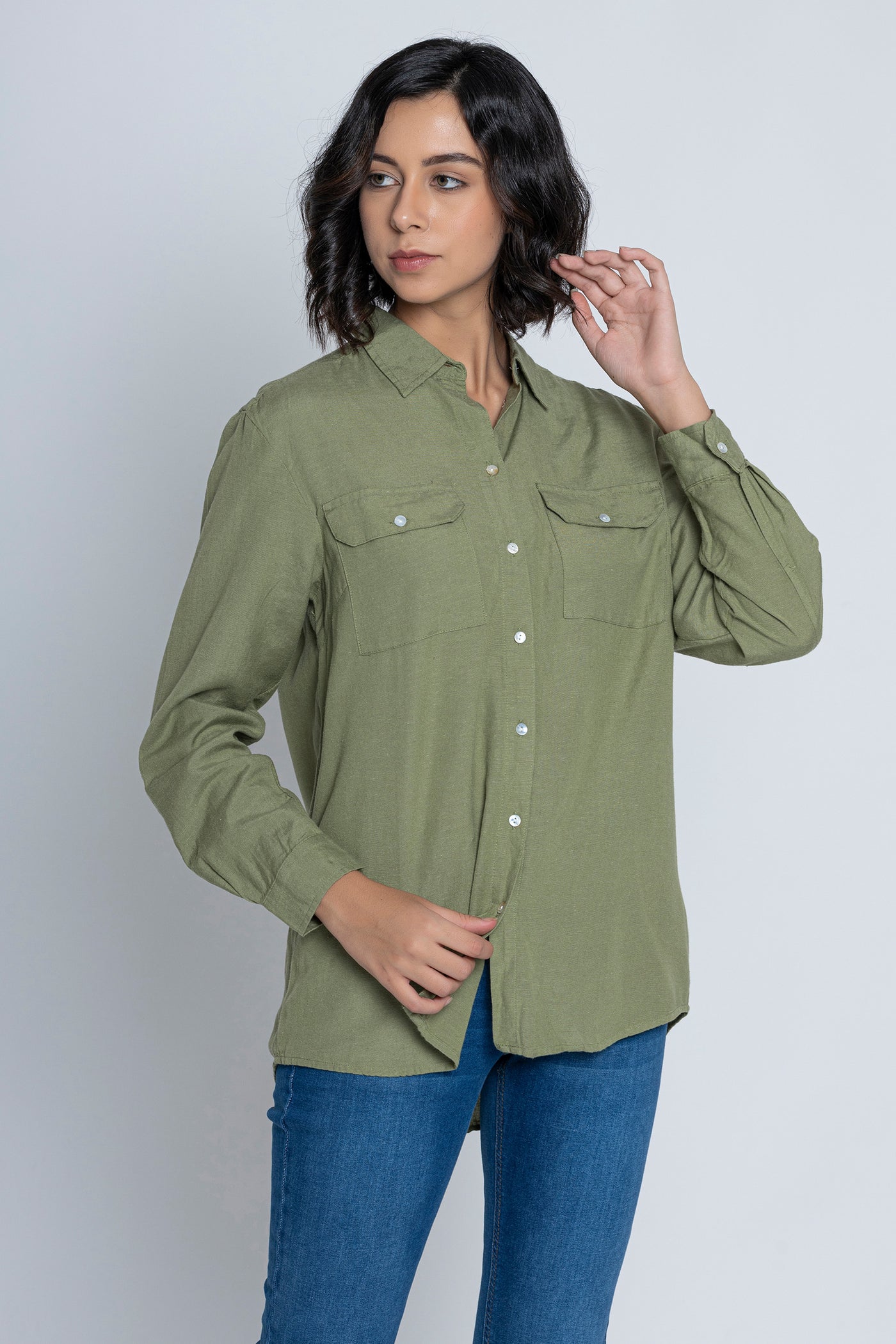 Green Roll-Up Sleeves Shirt