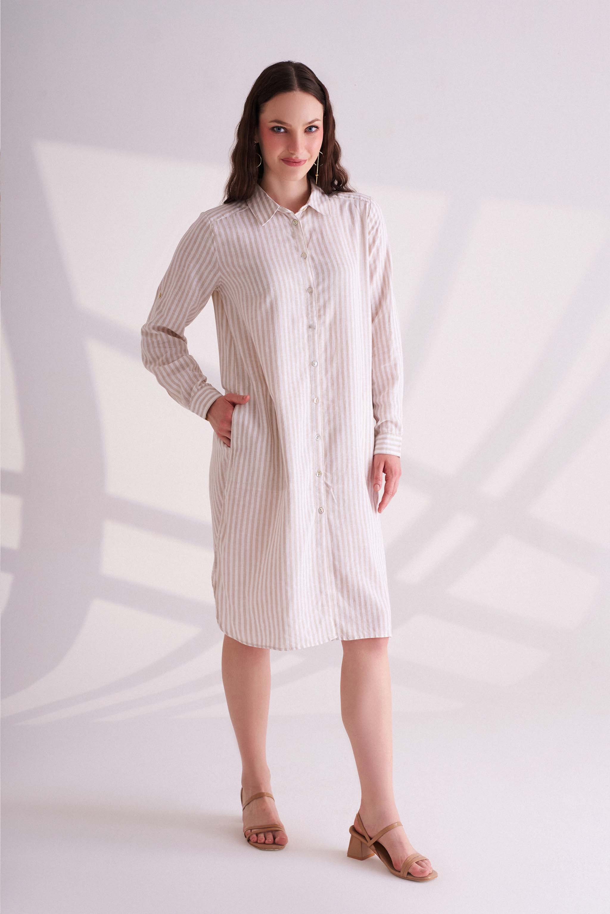 Beige Striped Linen Shirt Dress