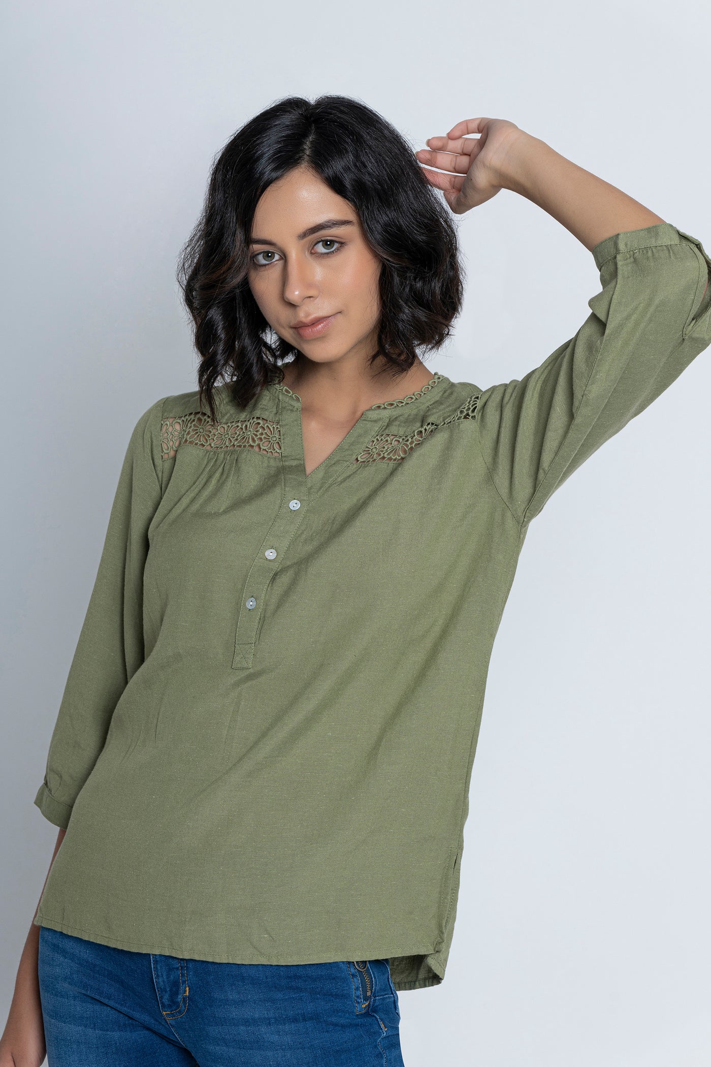 Olive Green 3/4 Sleeves Blouse