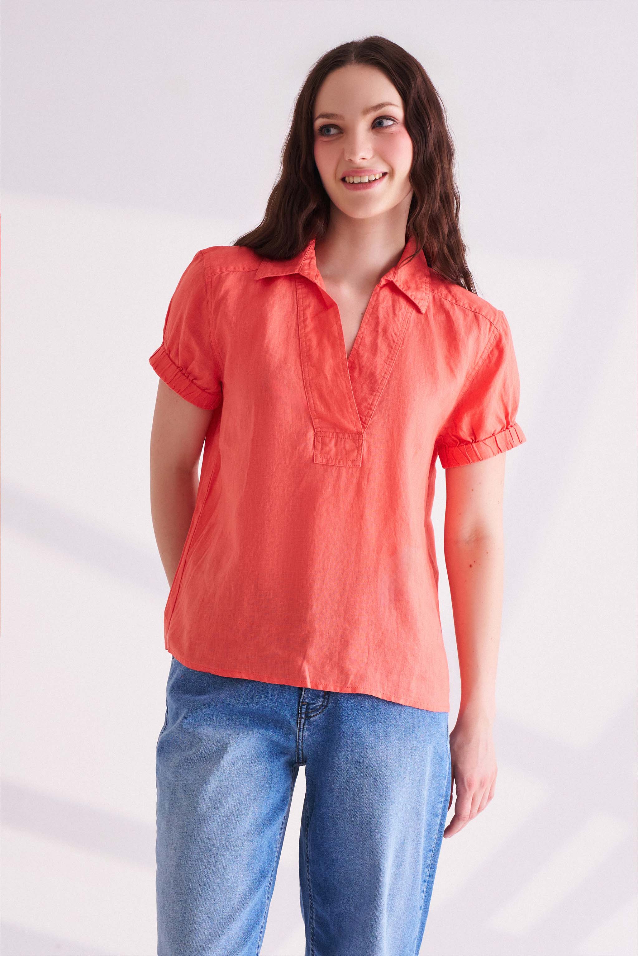 Orange Linen Collared Top