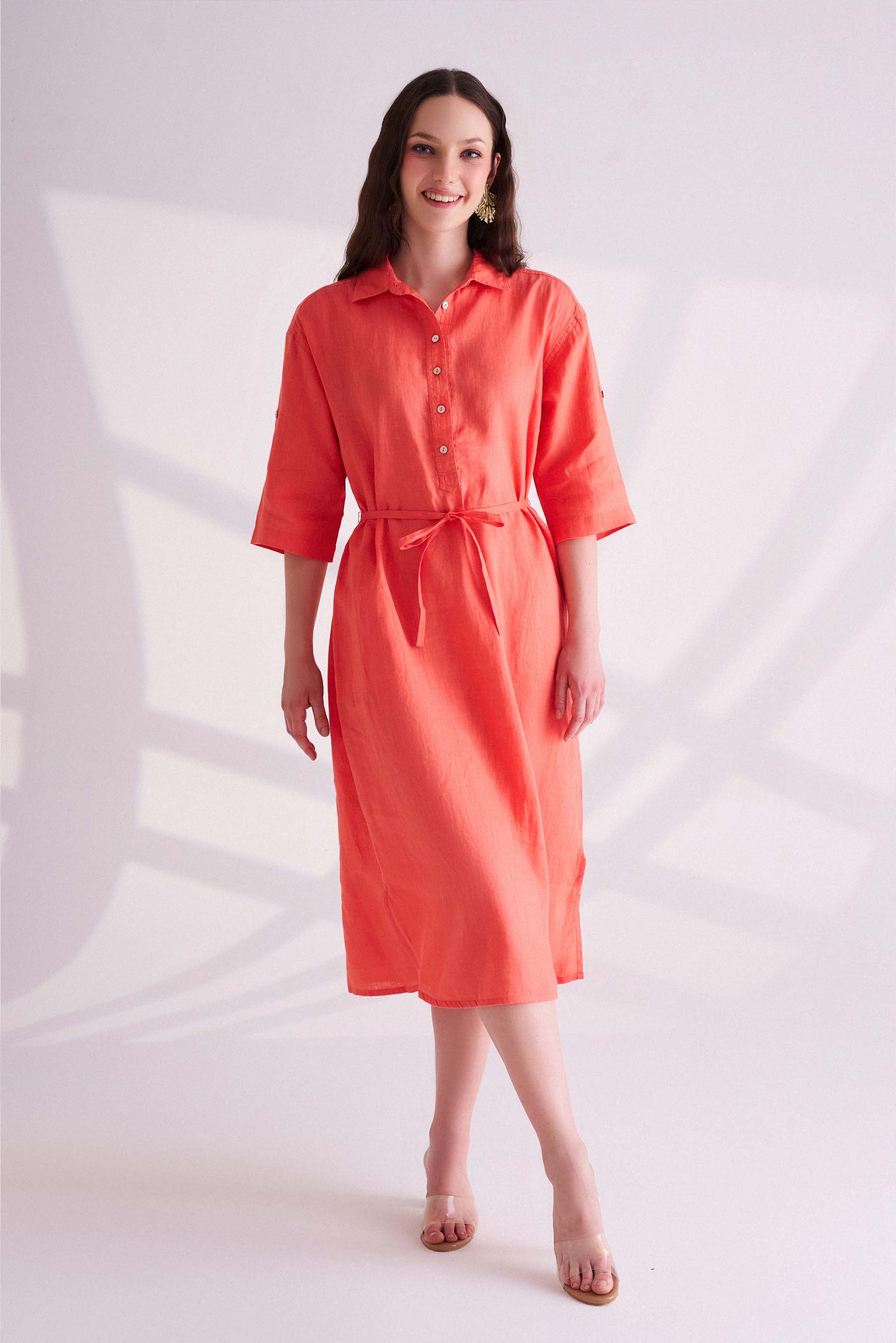 Orange Linen Shirt Dress