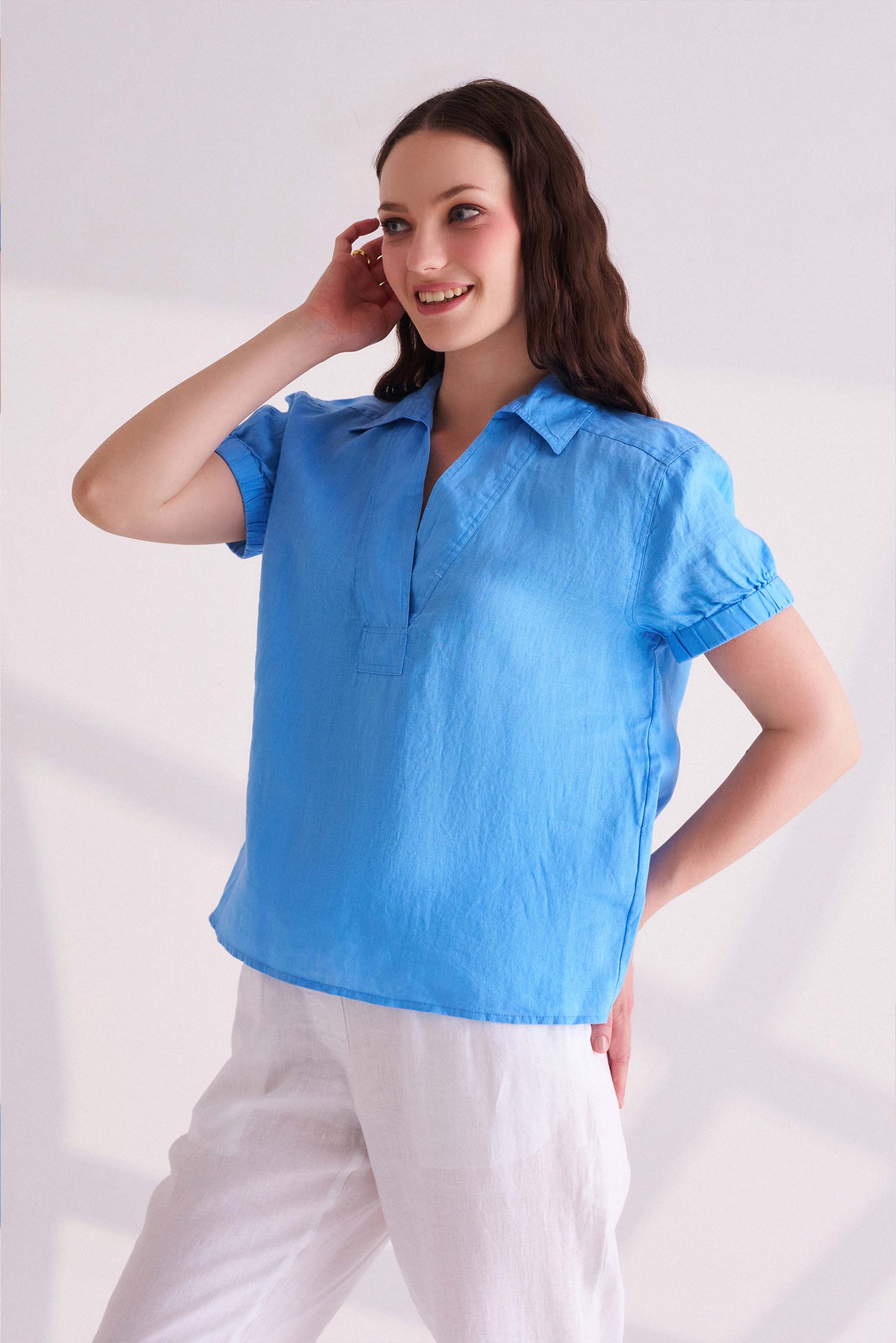 Blue Linen Collared Top