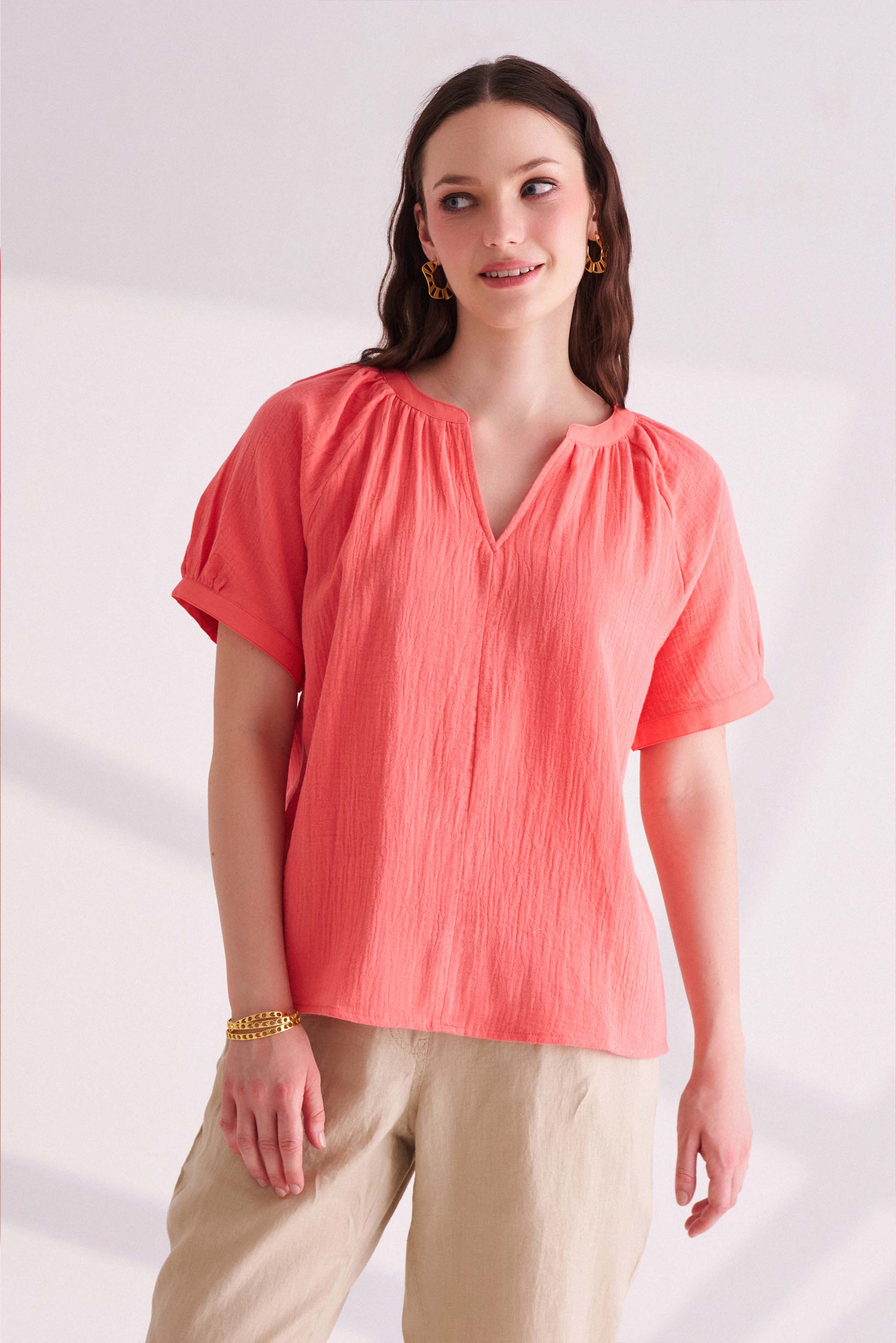 Orange Cotton Half Sleeves Top