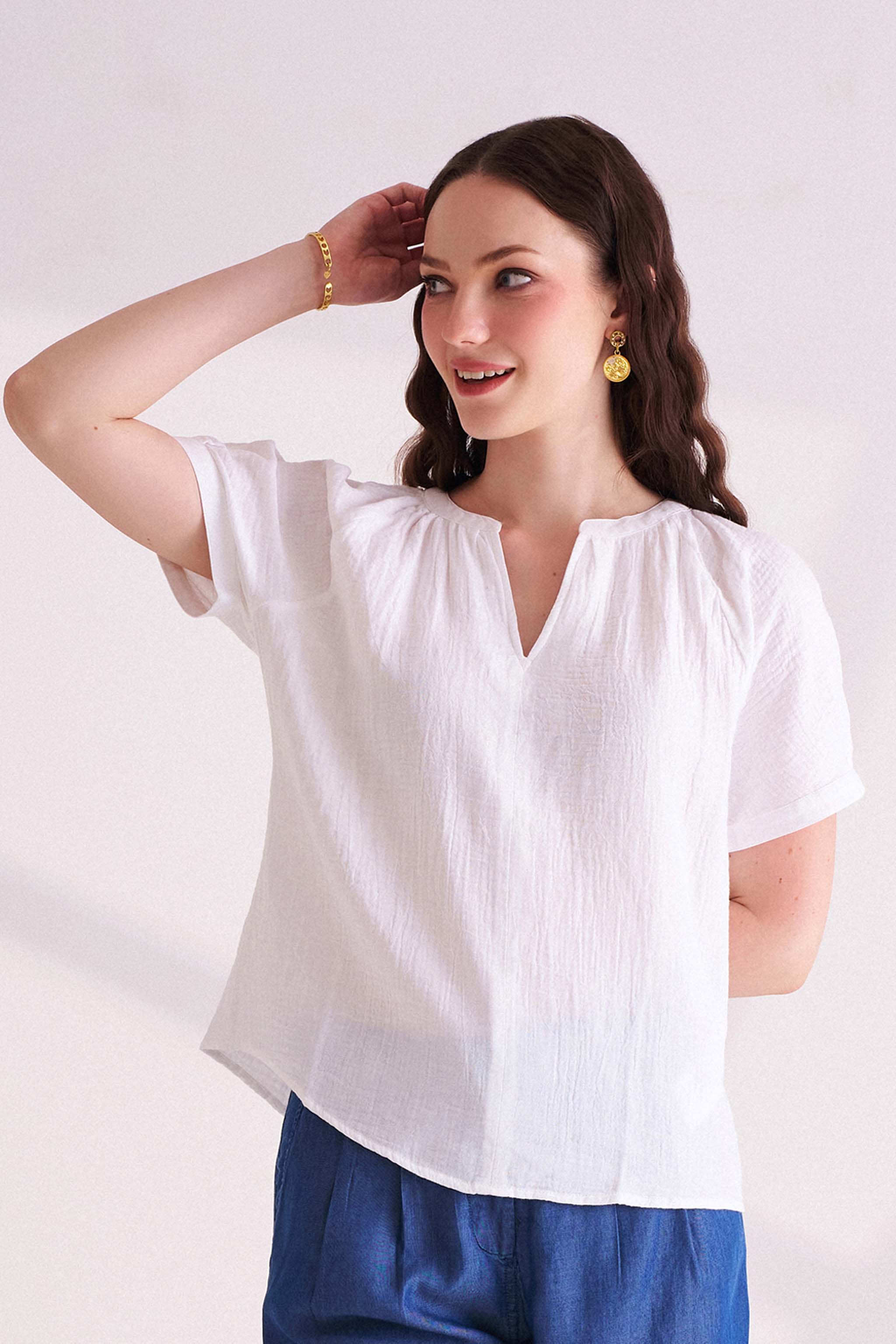 White Cotton Half Sleeves Top