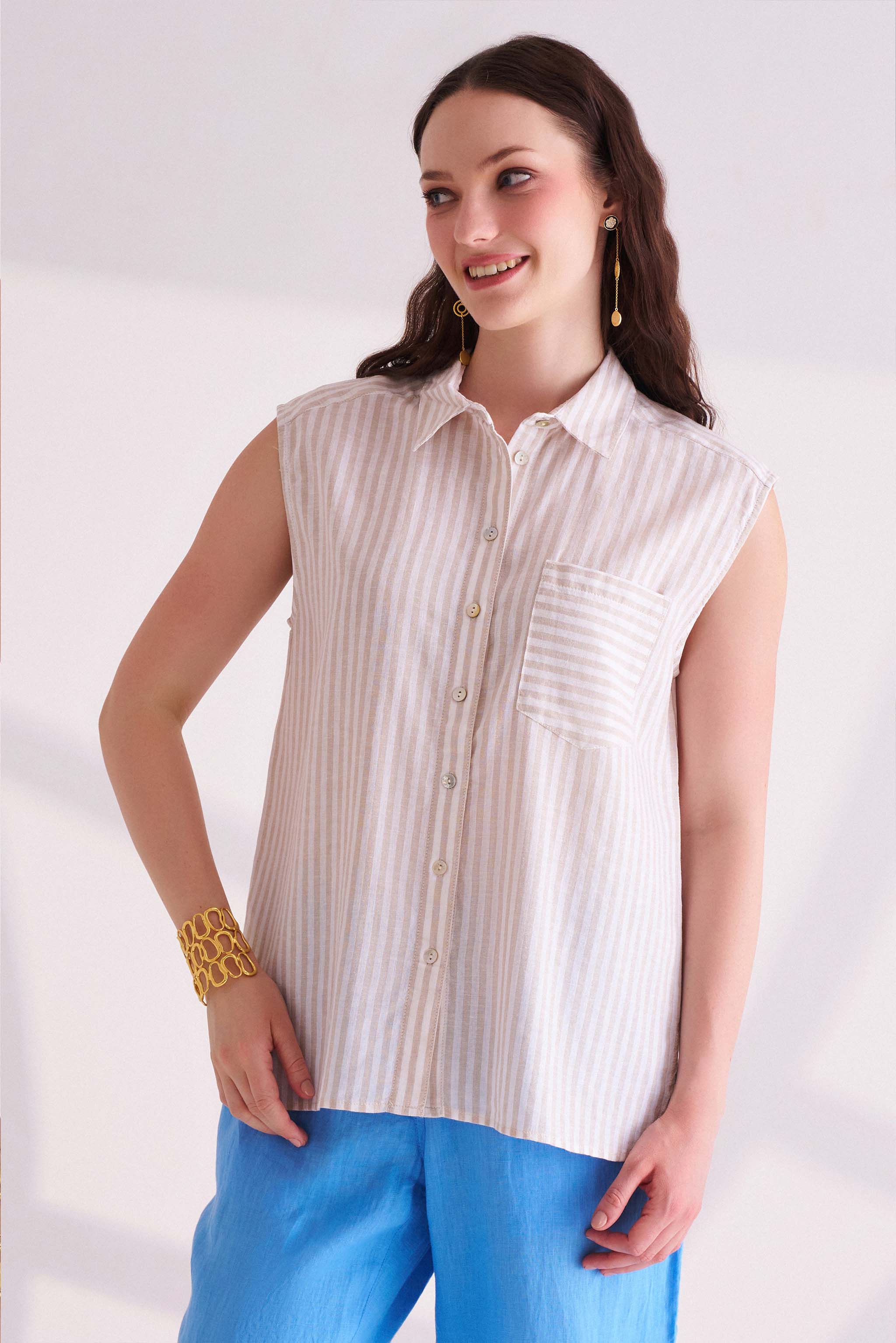 Beige Striped Linen Sleeveless Shirt