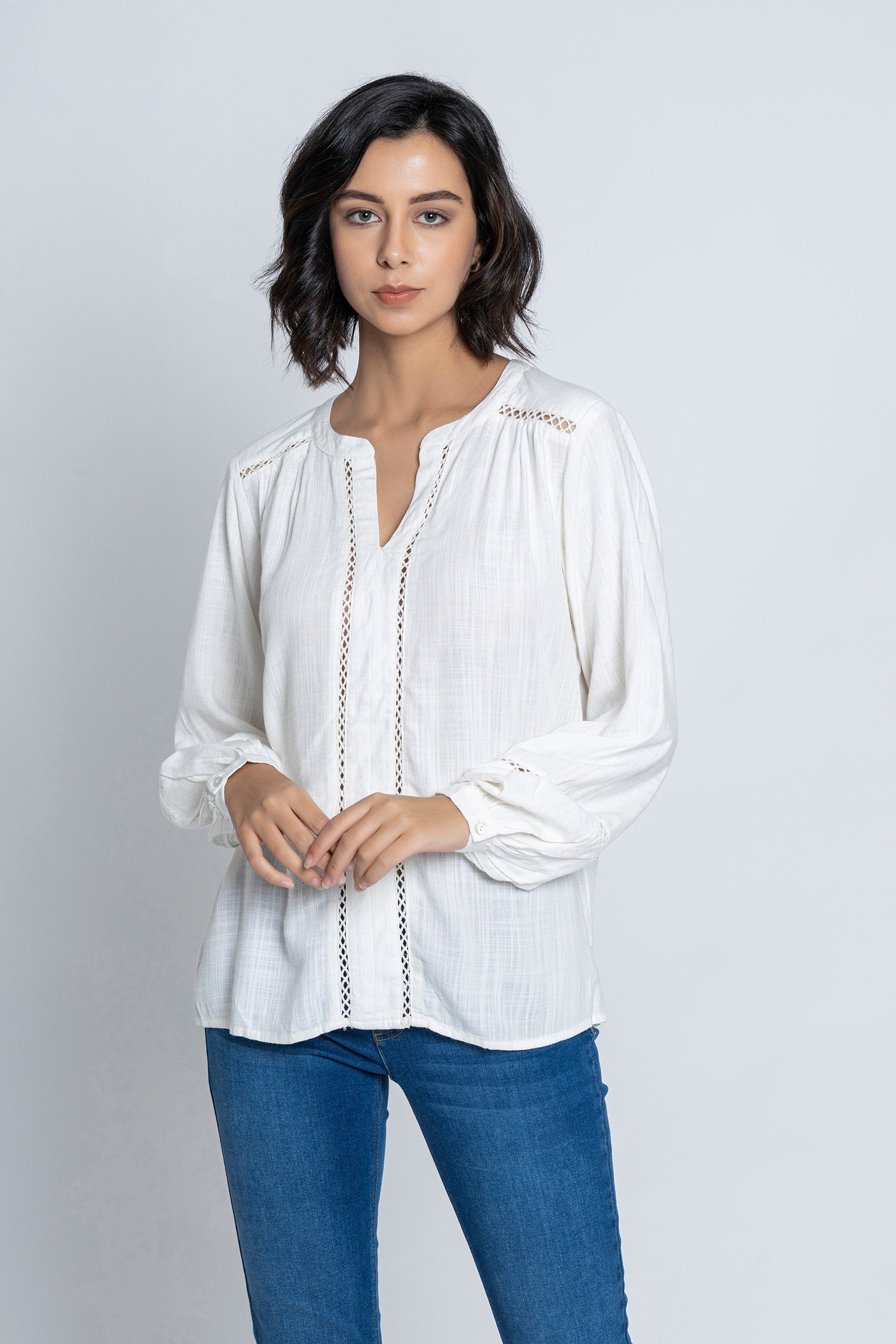 White V-Neck 3/4 Sleeves Blouse