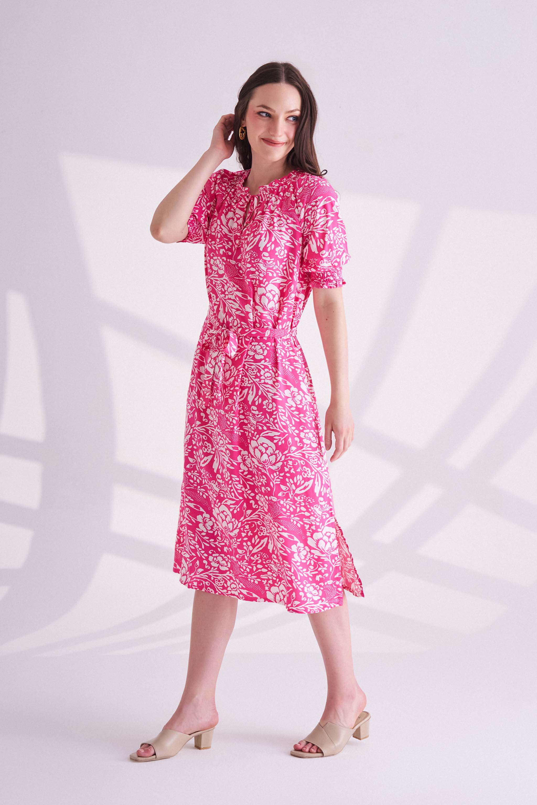 Pink Printed Dress with Belt