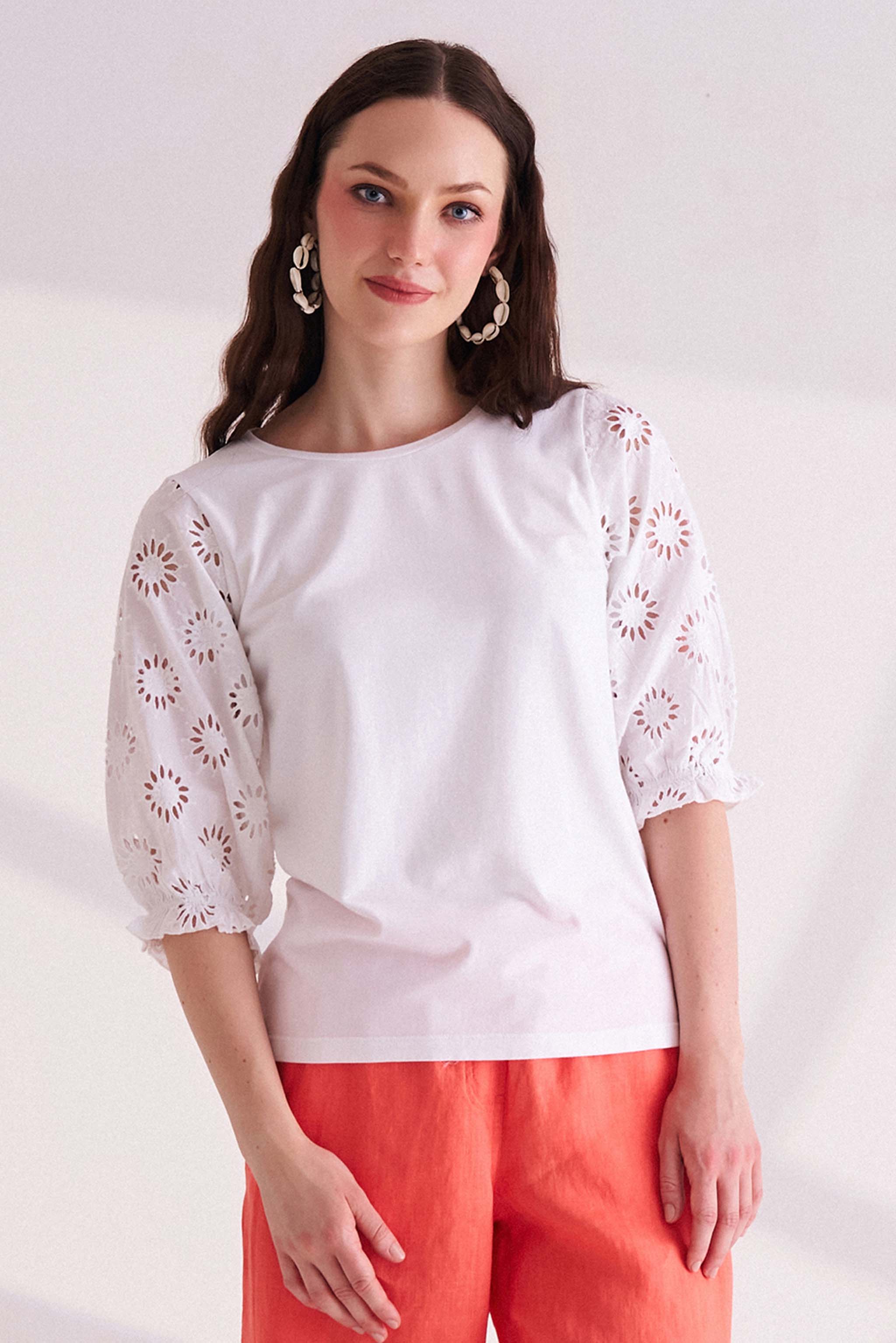 White T-Shirt with Embroidered Sleeves