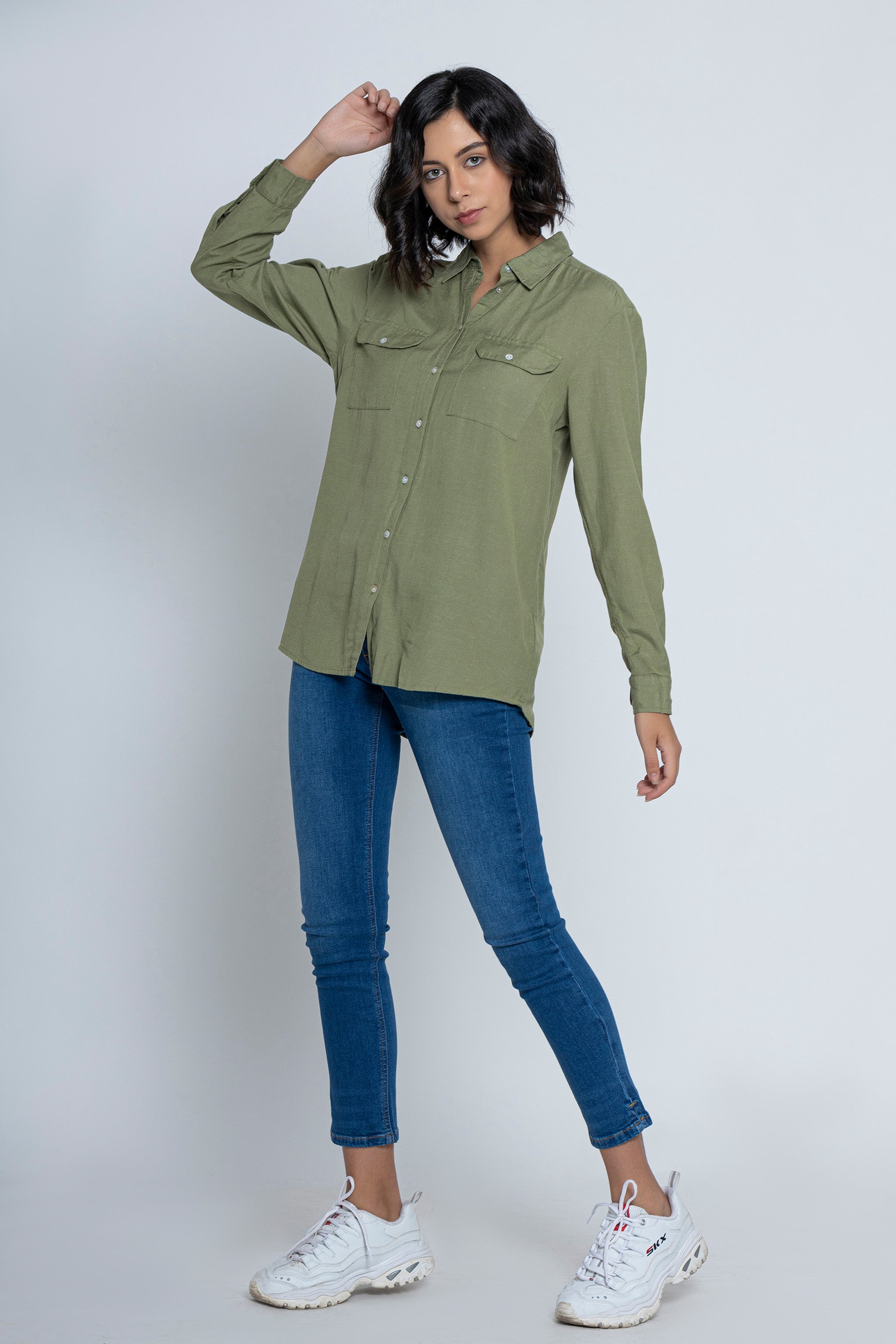 Green Roll-Up Sleeves Shirt