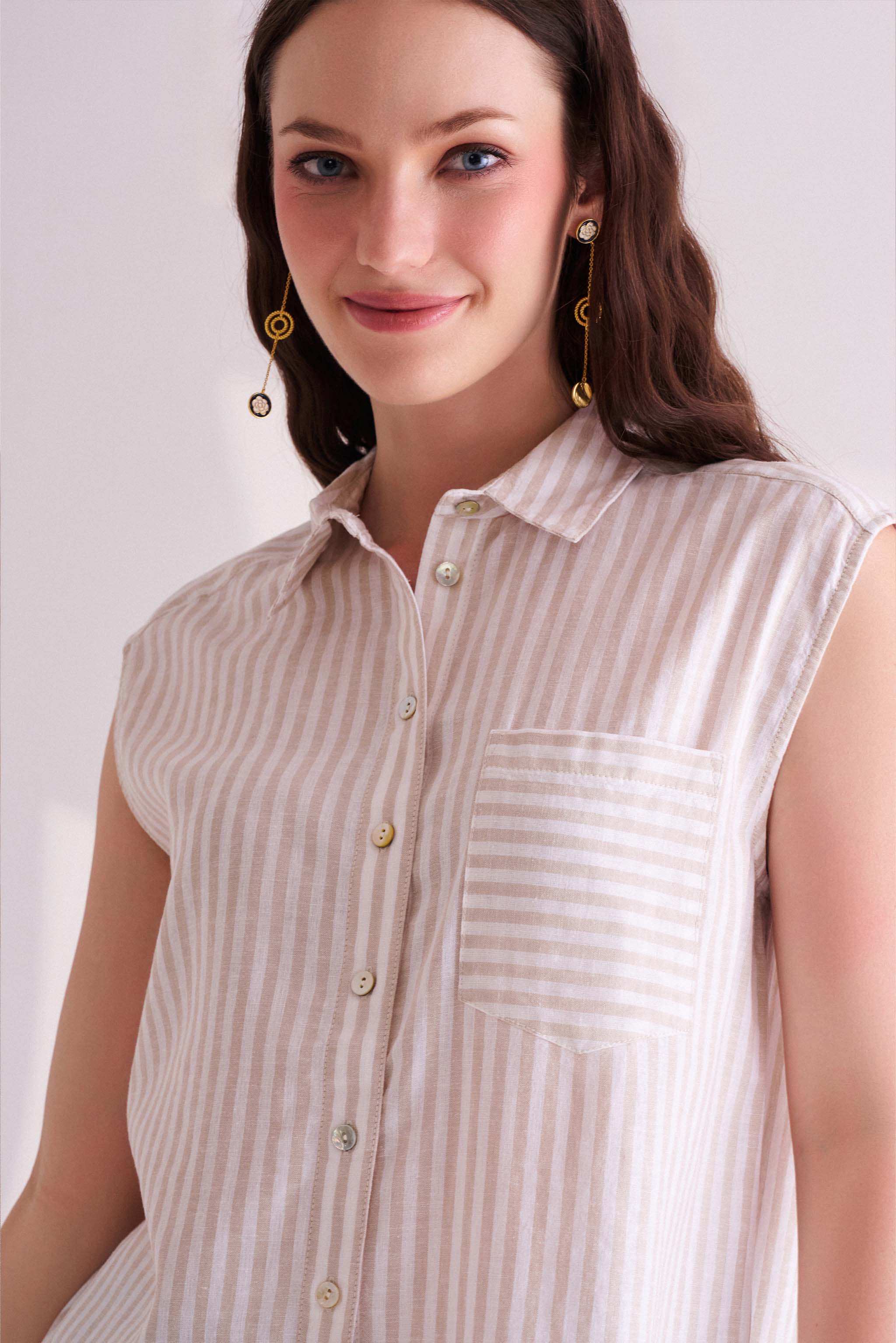 Beige Striped Linen Sleeveless Shirt