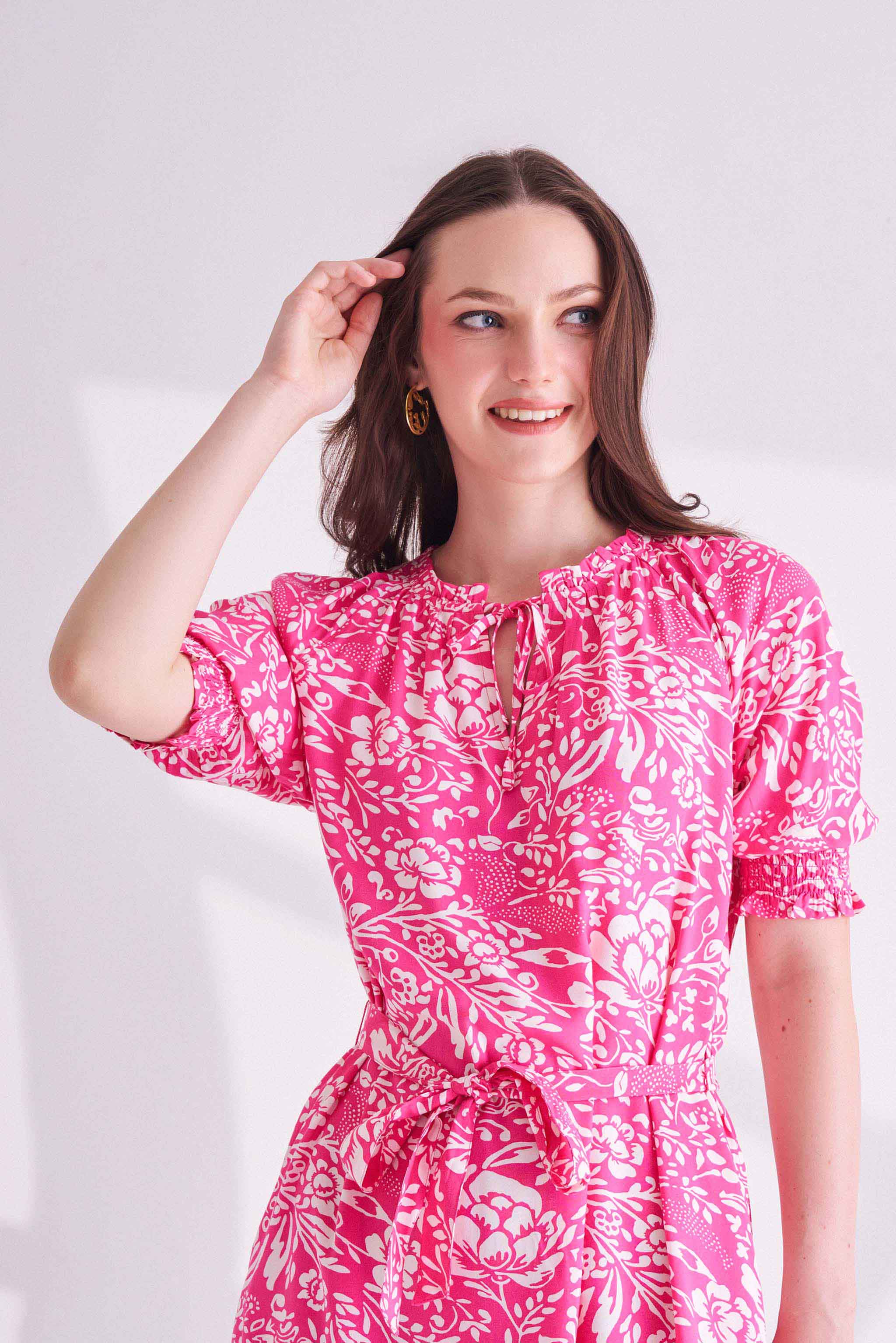 Pink Printed Dress with Belt