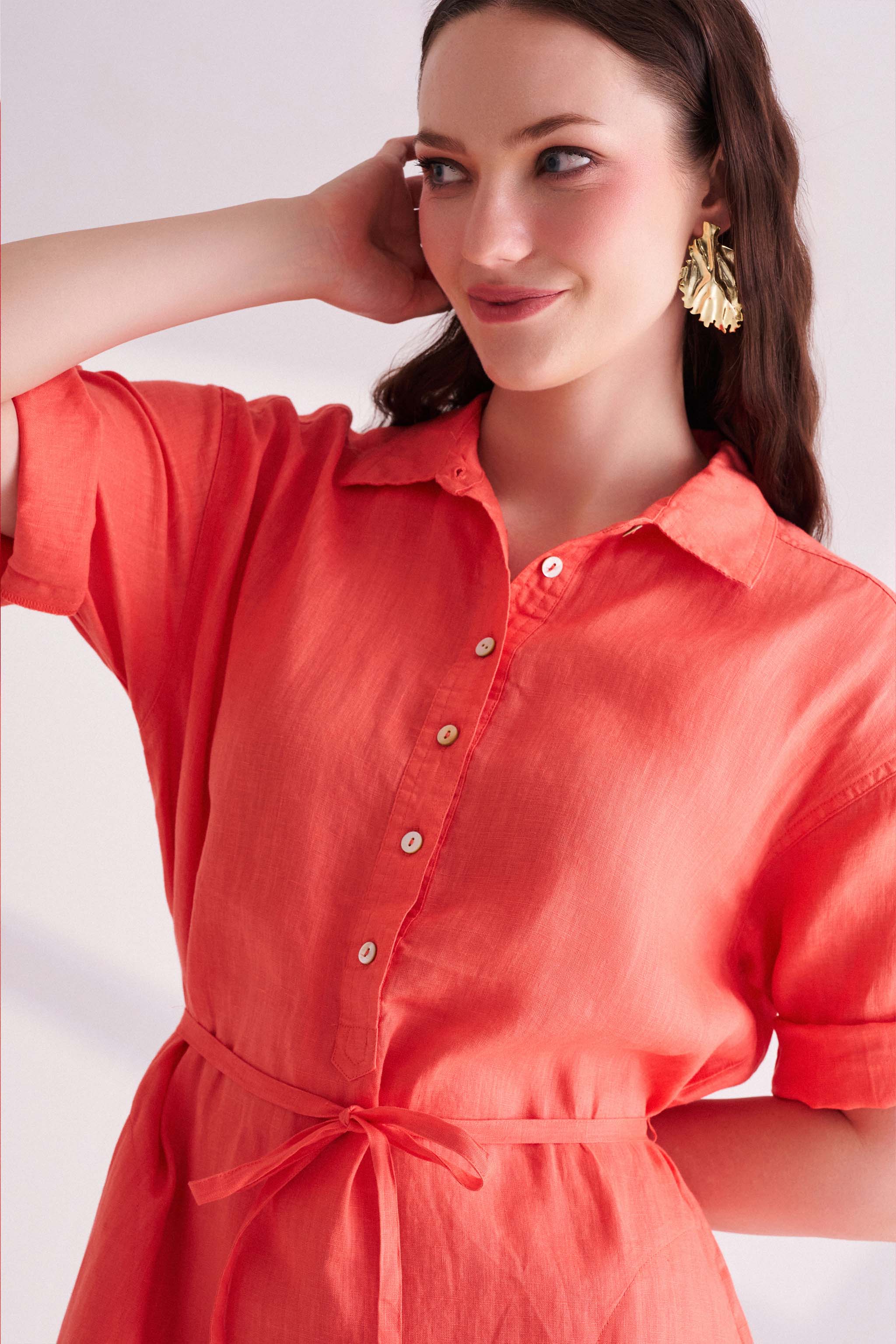 Orange Linen Shirt Dress