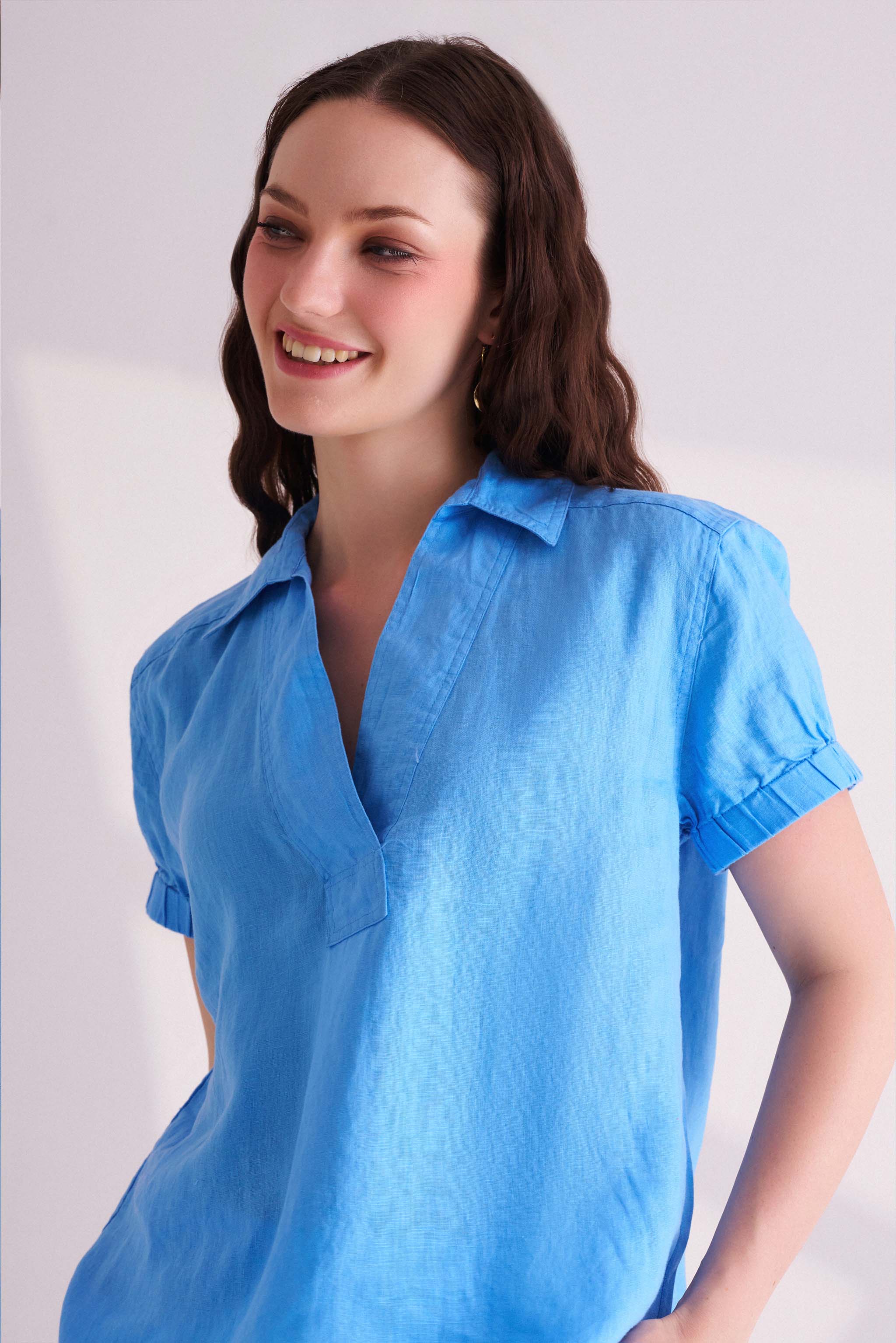 Blue Linen Collared Top