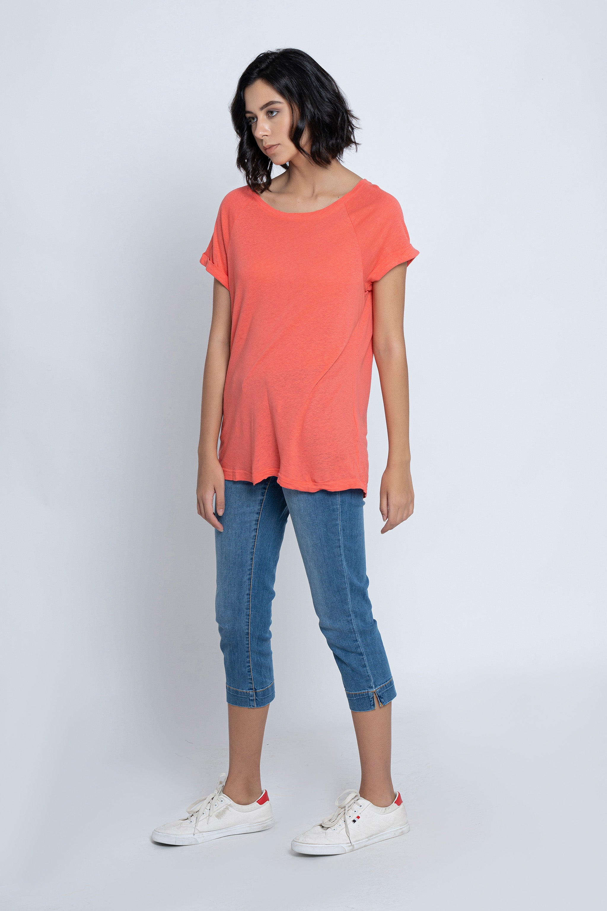 Coral Pink Half-Sleeves Tops