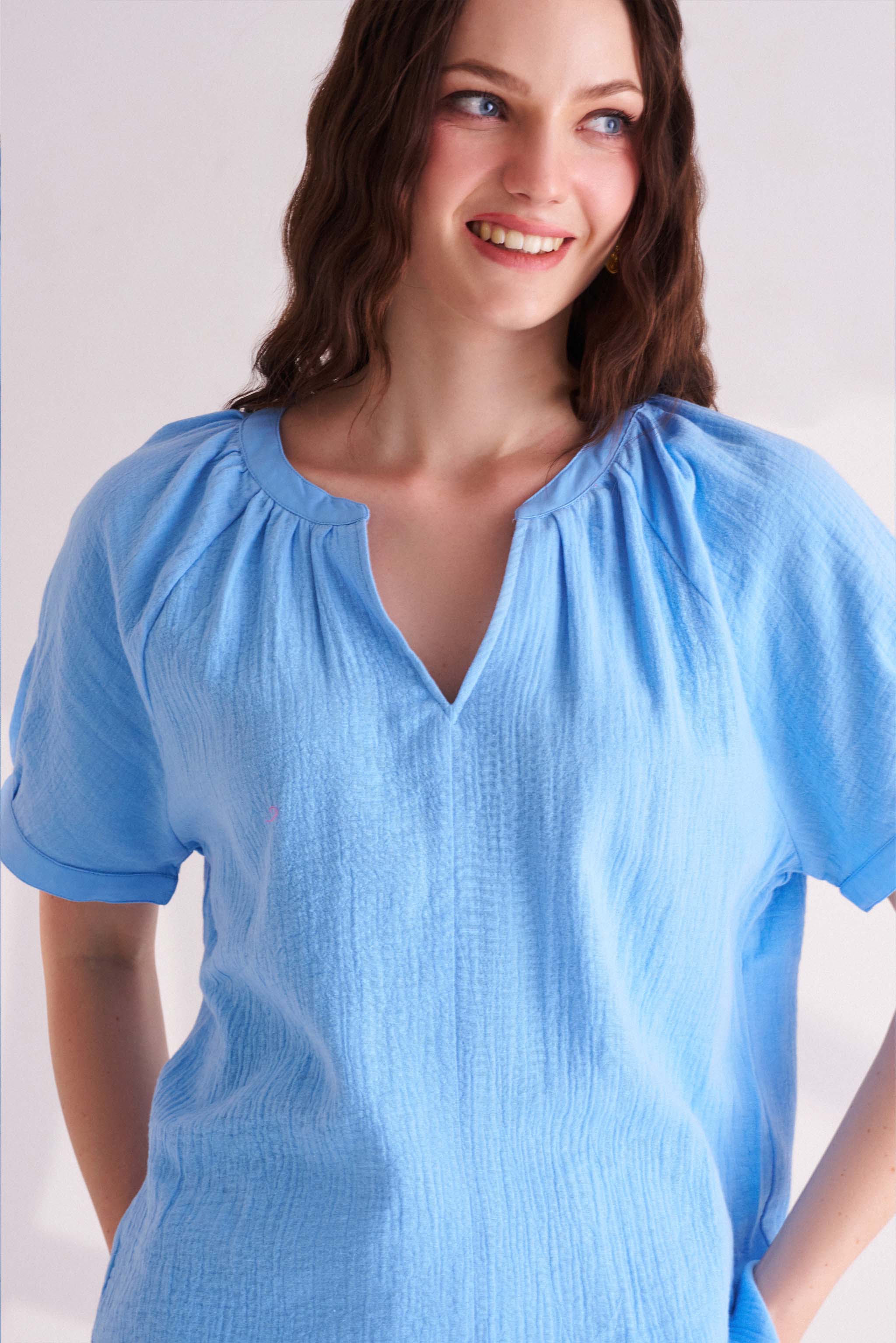 Blue Cotton Half Sleeves Top