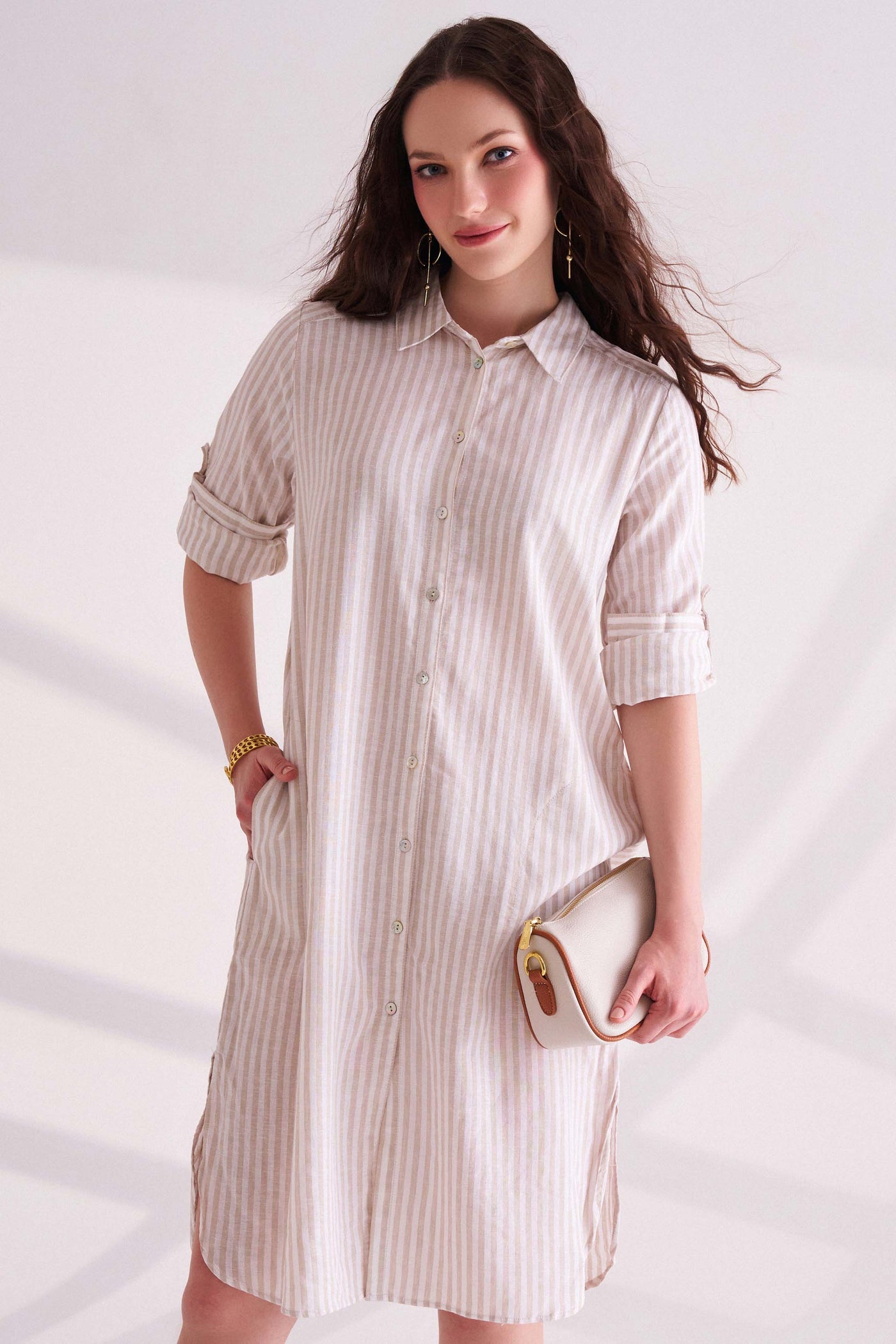 Beige Striped Linen Shirt Dress