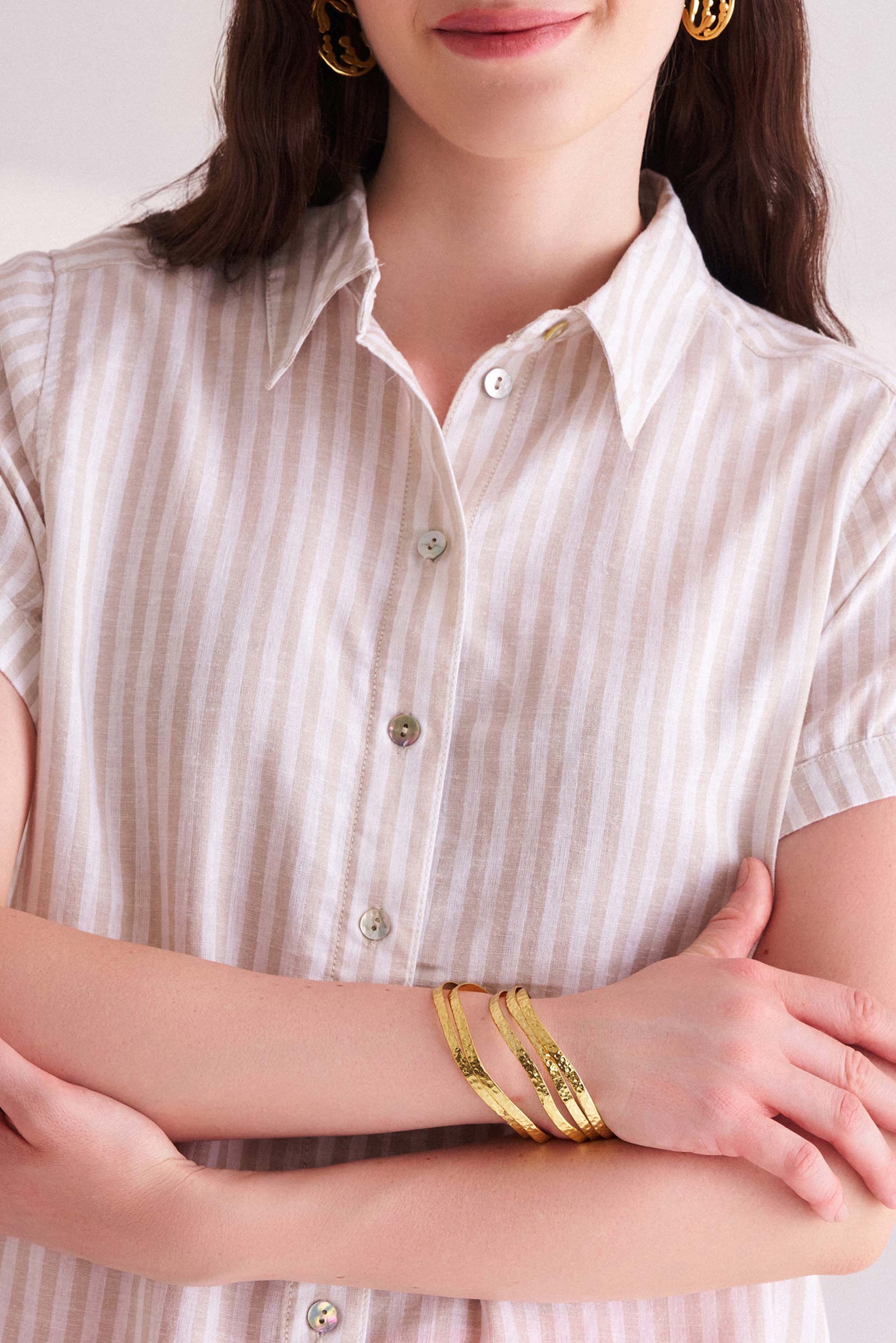 Beige Striped Linen Short Sleeves Shirt