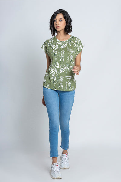 Green Leaf Printed Short Sleeves T-Shirt