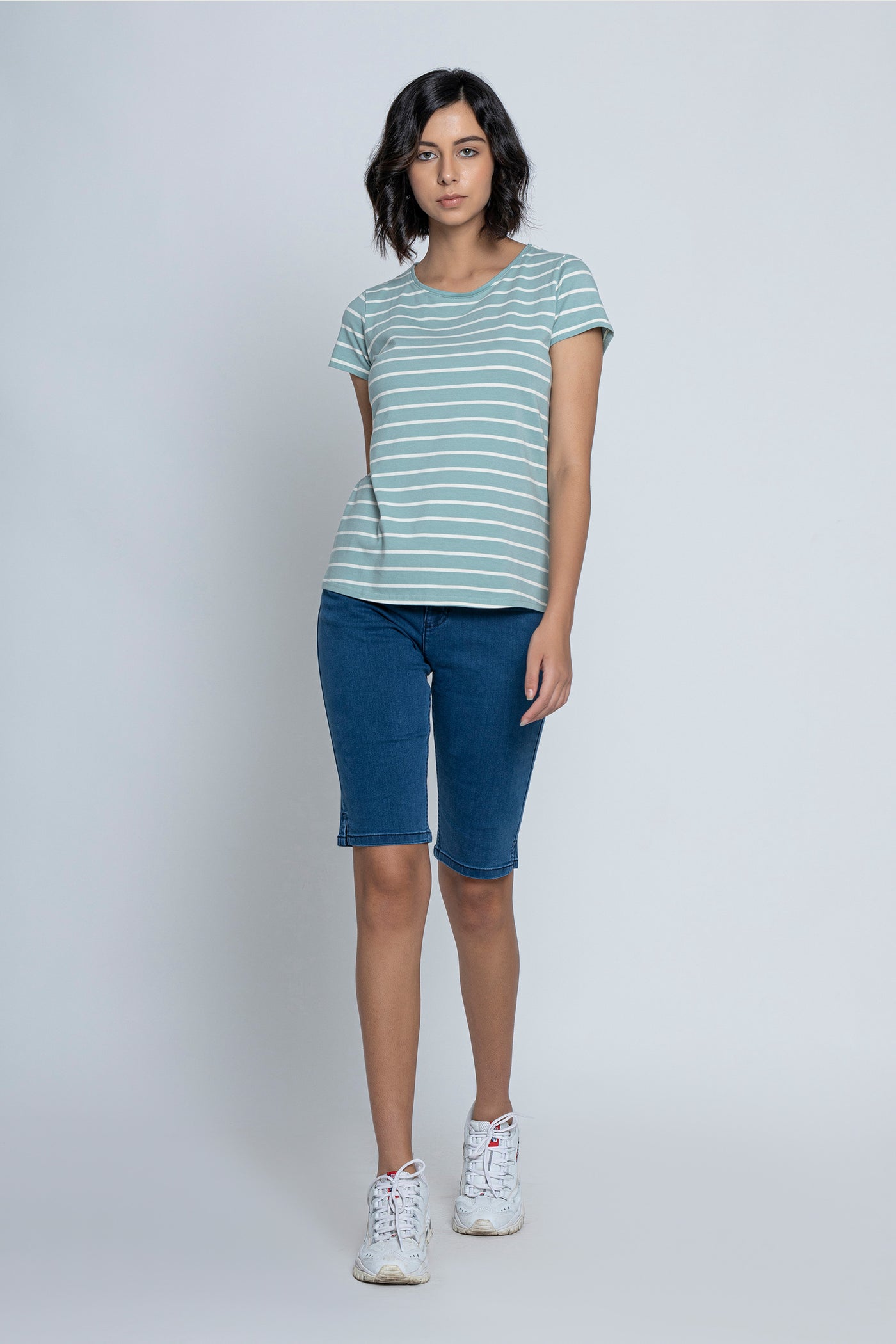 White with Sea Green Stripes Short Sleeves T-Shirt
