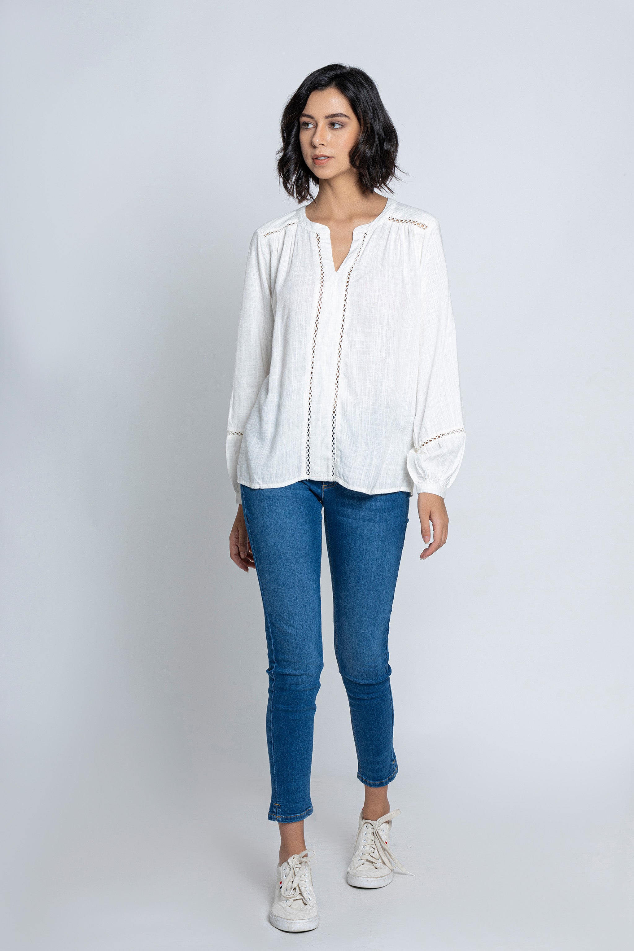 White V-Neck 3/4 Sleeves Blouse