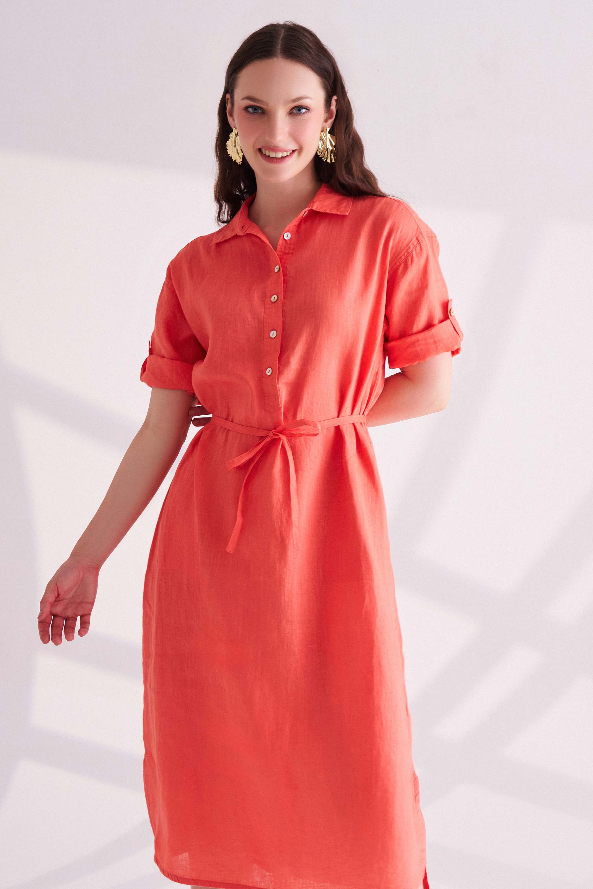 Orange Linen Shirt Dress