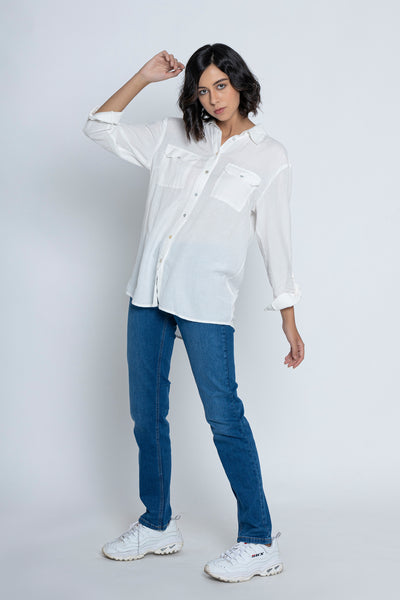 White Roll-Up Sleeves Shirt