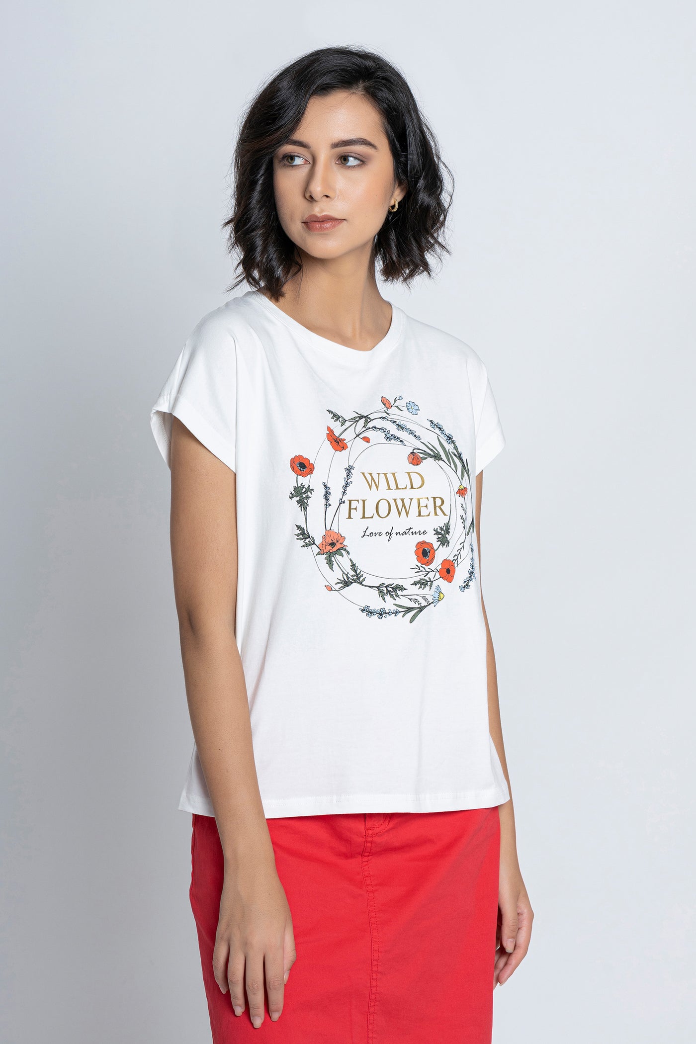 White "WILD FLOWER" Printed T-Shirt