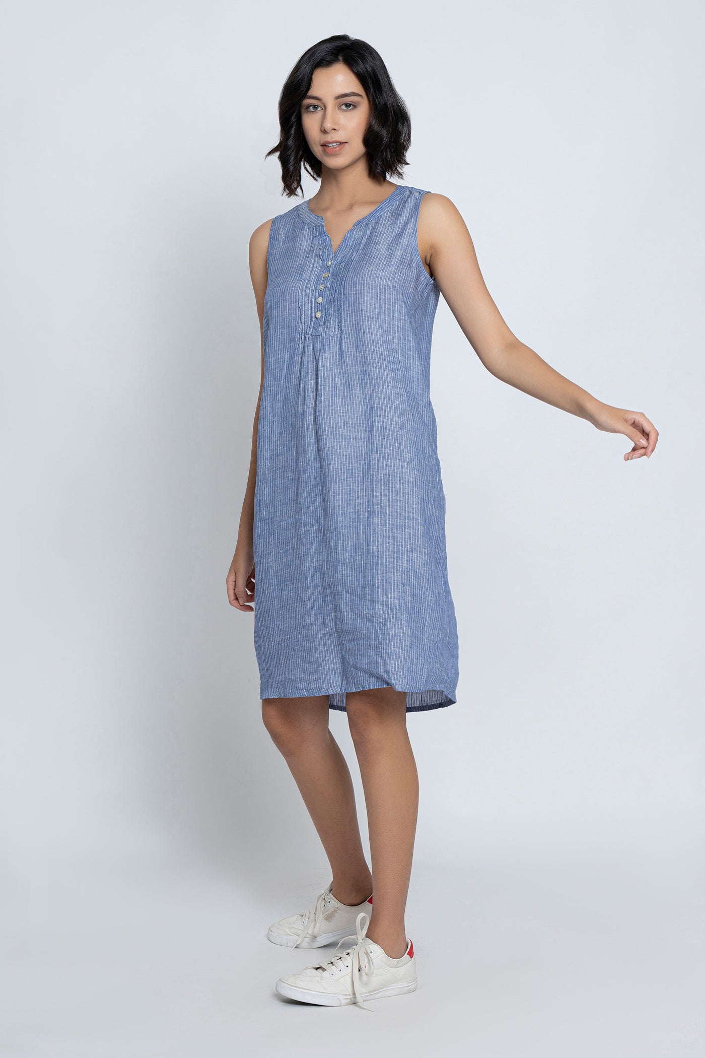 Blue Linen Knee-Length Dress