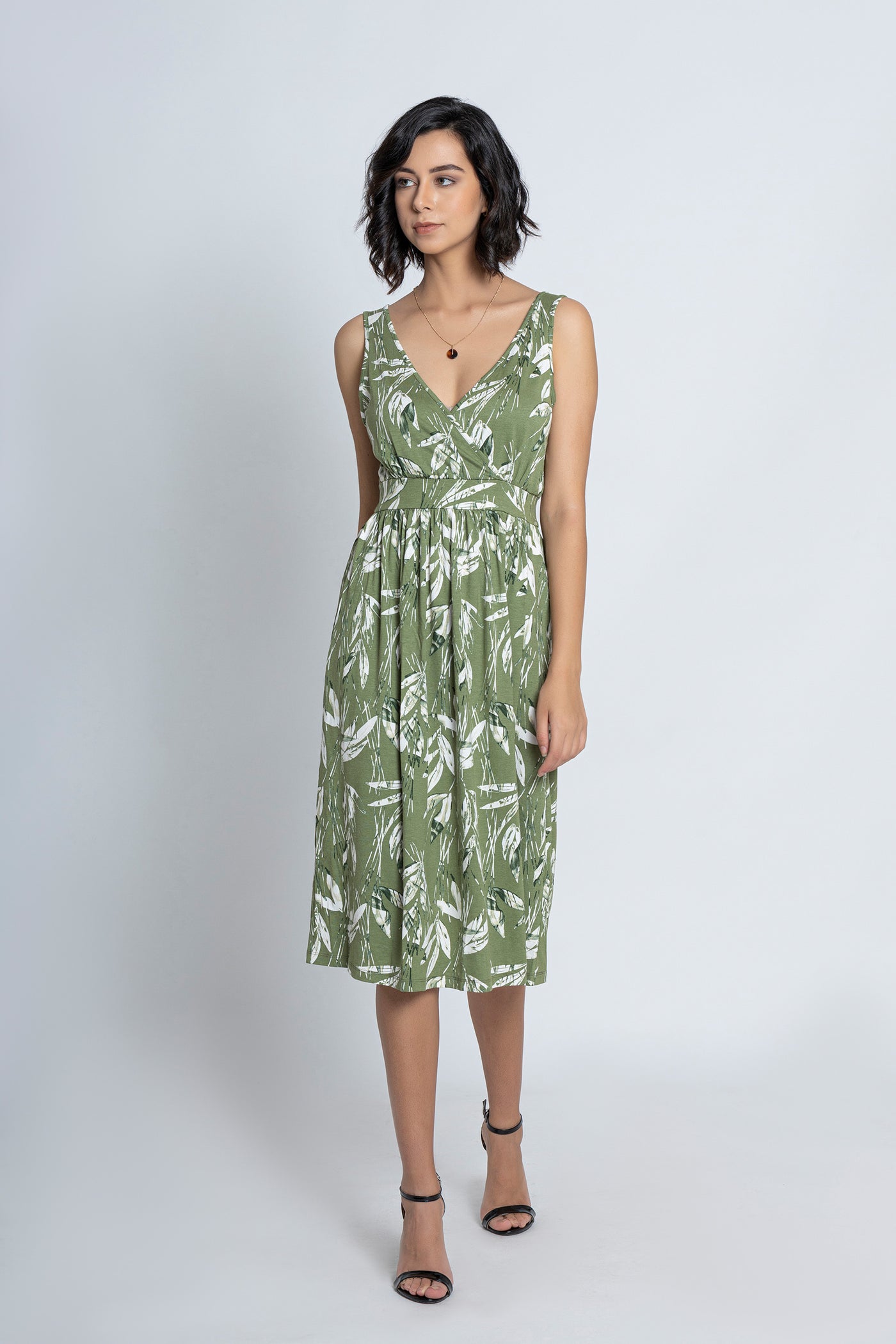 Green Leaf Printed Sleeveless Skater Dress
