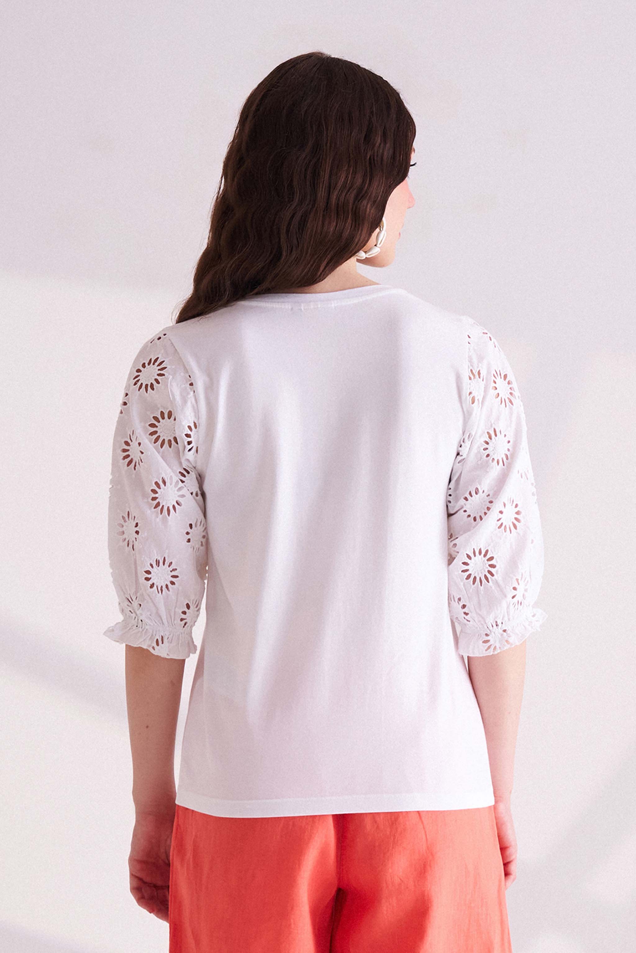 White T-Shirt with Embroidered Sleeves