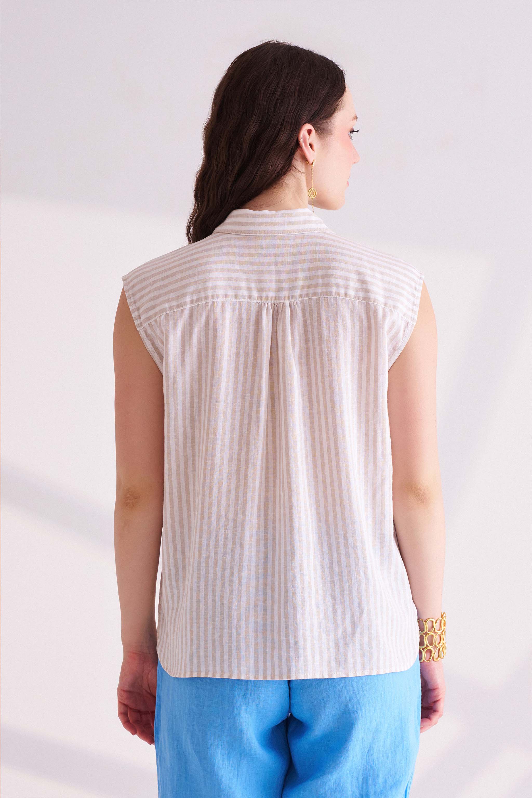 Beige Striped Linen Sleeveless Shirt