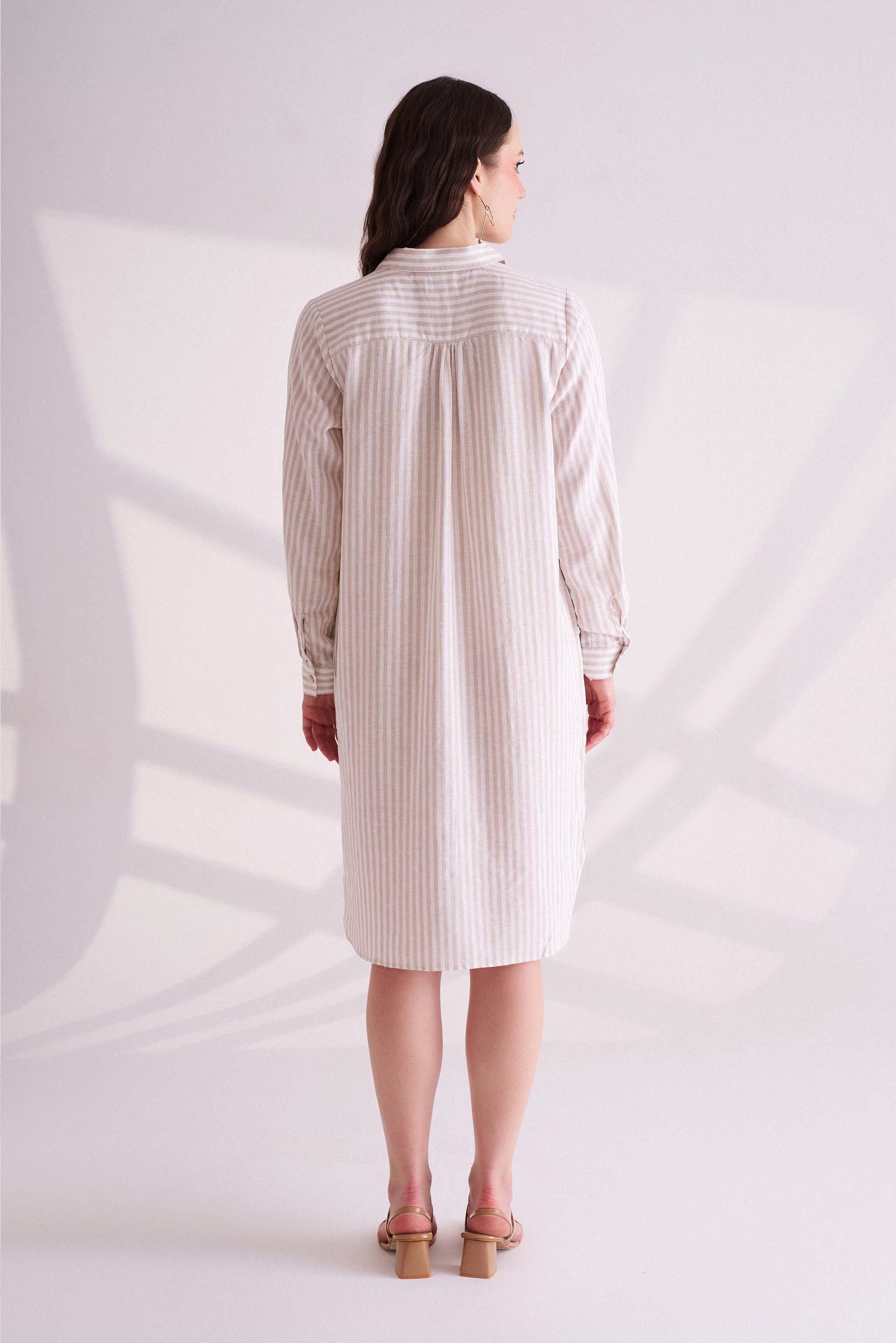 Beige Striped Linen Shirt Dress