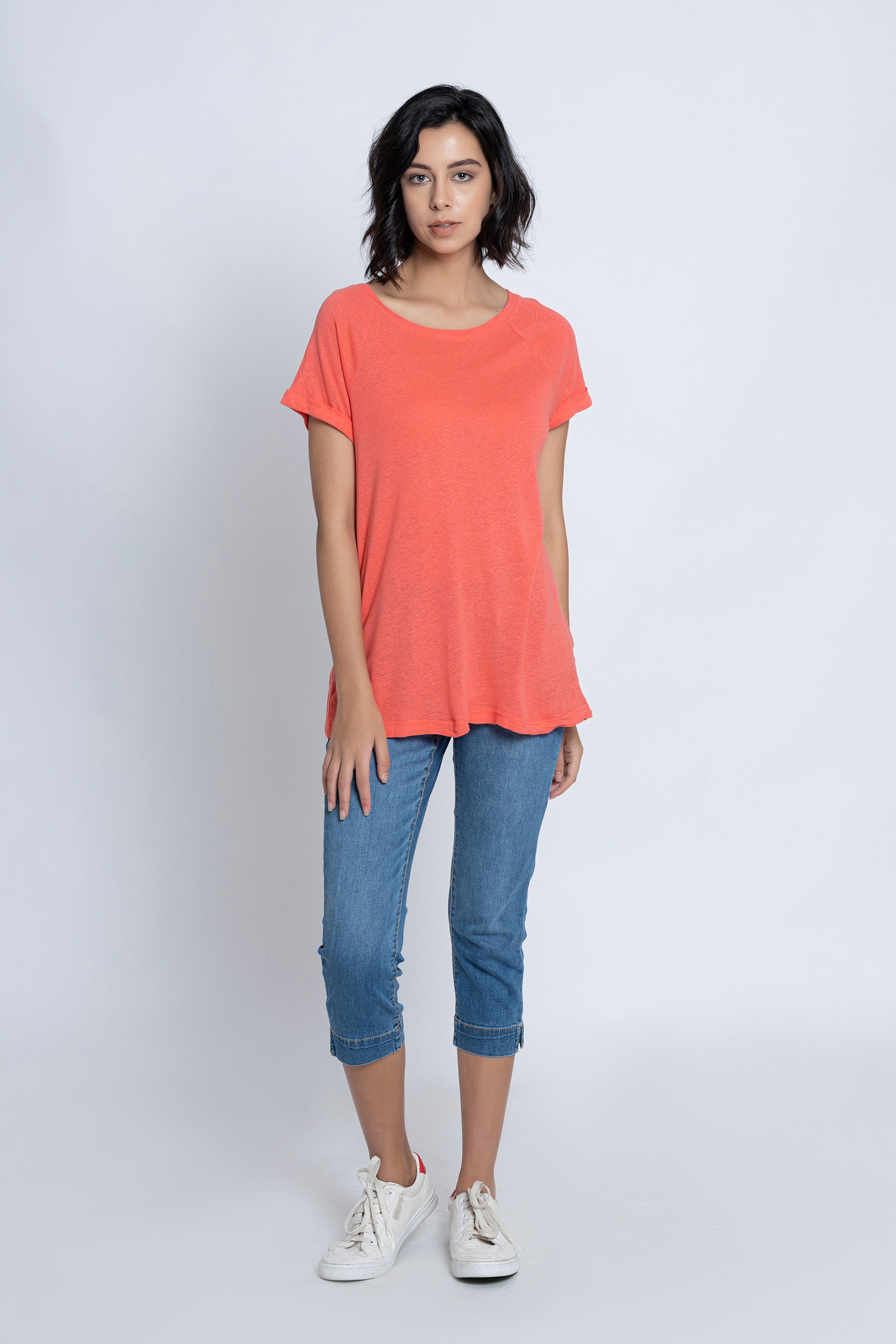 Coral Pink Half-Sleeves Tops
